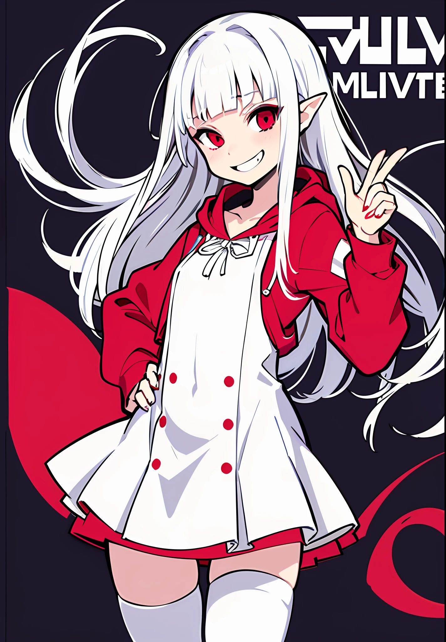 1girl, white hair, 20 years old, bangs, blunt bangs, vampire, frilled skirt, red windbreaker, modern windbreaker, modern, modern outfit, Columbia Women's Switchback III Jacket, hood down, pointy ears, looking at viewer, smirk, solo, amused expression, smug, thigh-highs, red eyes, full body, simple background, white background, anime, (((modern day))), reference sheet, UHD, best quality