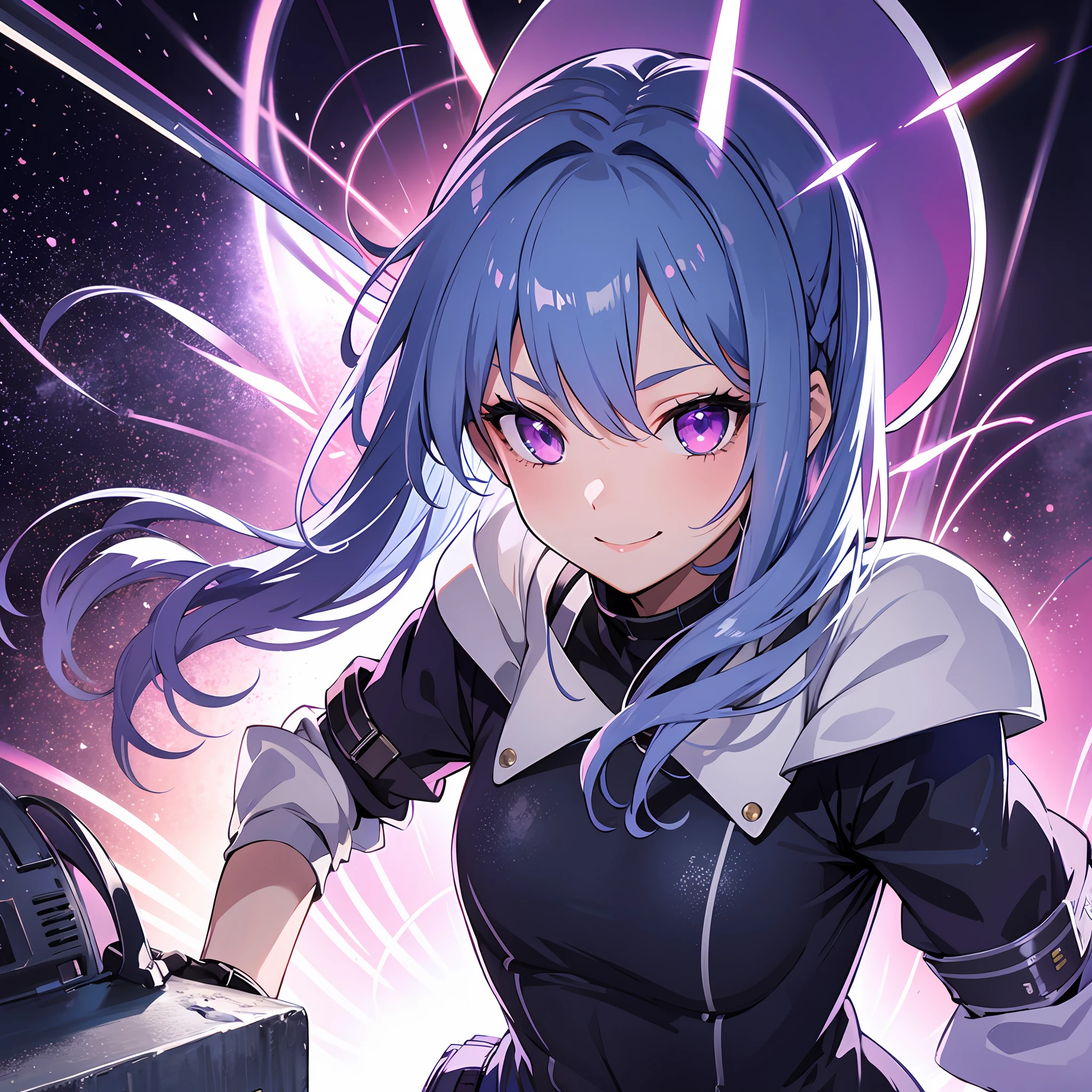 Coldest synthwave anime girl , Silver blue hair , purple eyes , light eye, war background , background detail, rain , rain detail , light , dark , character detail , assassin girl , military uniform, in the city , hand in double blade , girl in dark military uniform and purple neon light , city detail, face detail , cool girl , his beautiful smile, smile detail, night