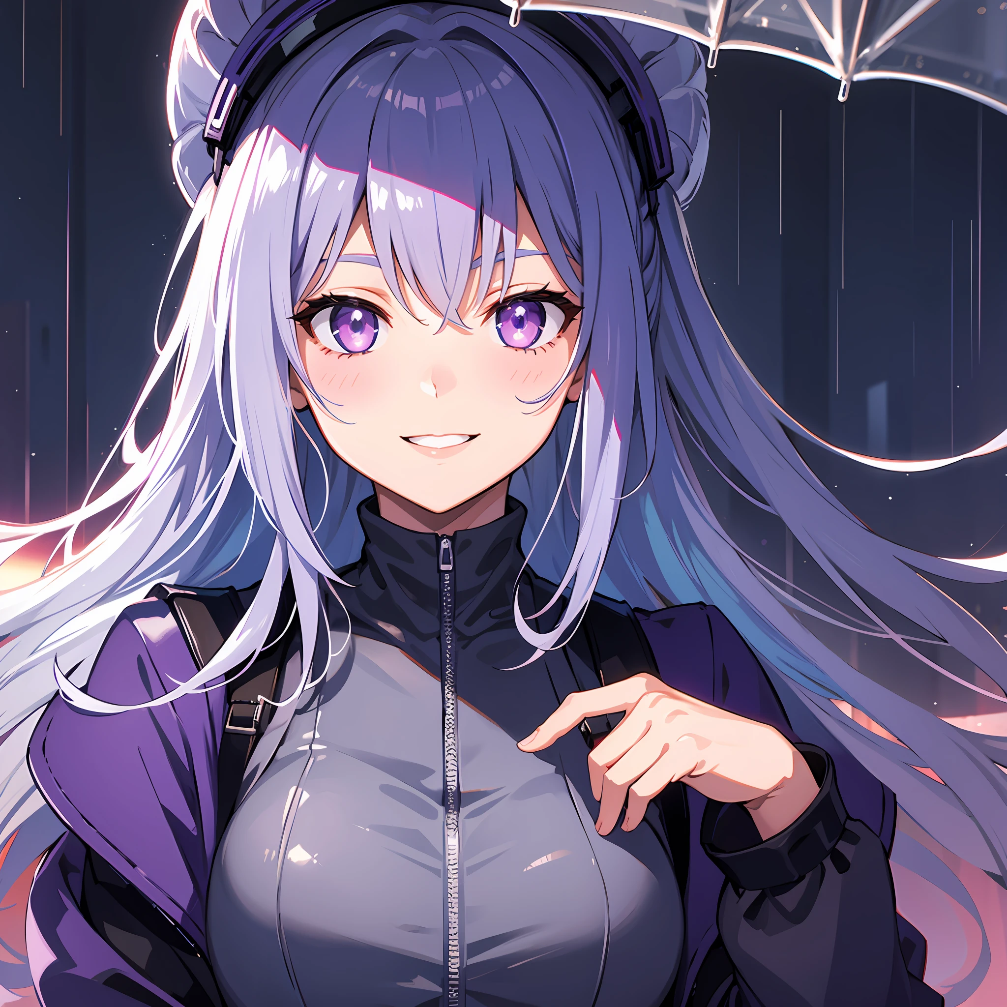 Coldest synthwave anime girl , Silver blue hair , purple eyes , light eye, war background , background detail, rain , rain detail , light , dark , character detail , assassin girl , military uniform, in the city , hand in double blade , girl in dark military uniform and purple neon light , city detail, face detail , cool girl , his beautiful smile, smile detail, night