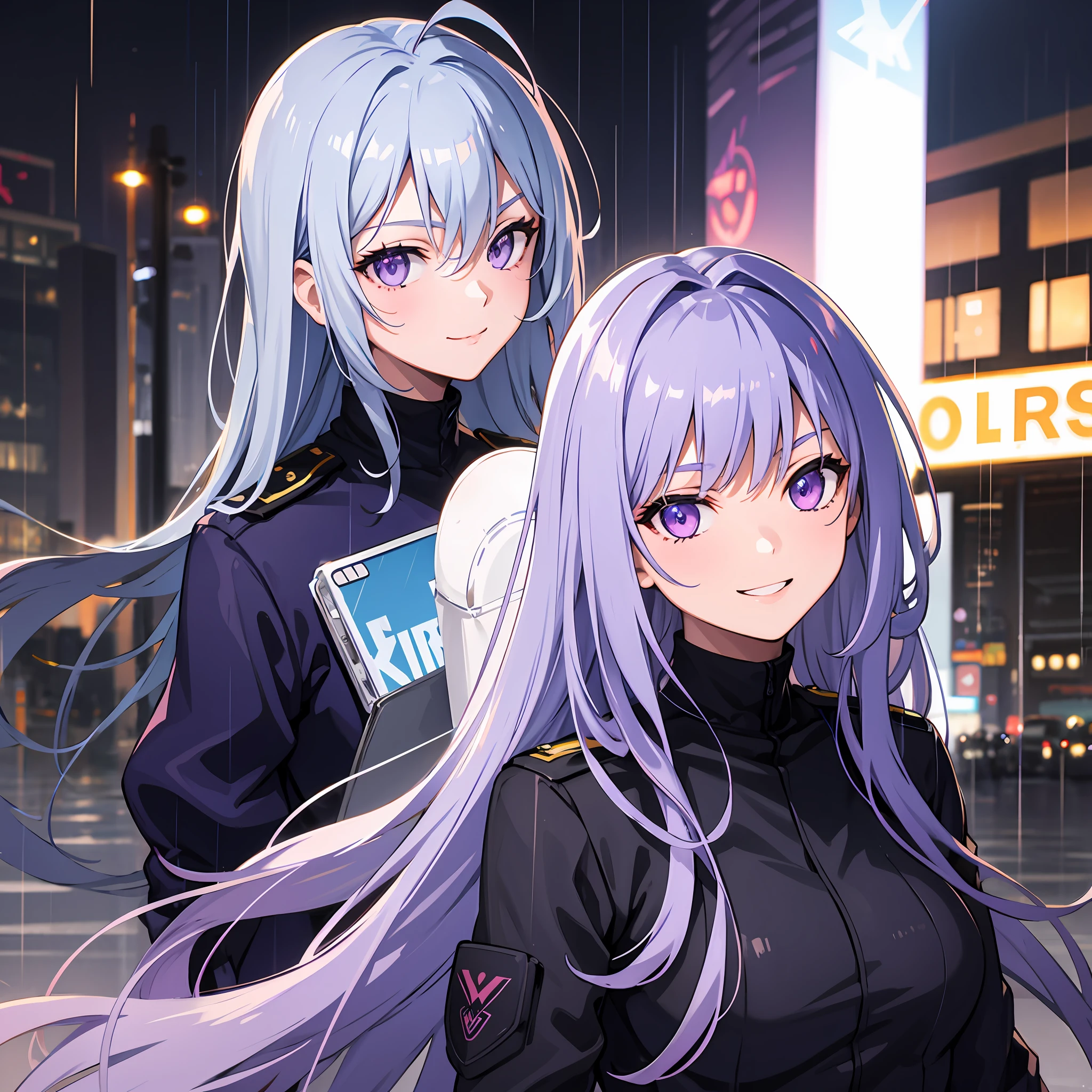 Coldest synthwave anime girl , Silver blue hair , purple eyes , light eye, war background , background detail, rain , rain detail , light , dark , character detail , assassin girl , military uniform, in the city , hand in double blade , girl in dark military uniform and purple neon light , city detail, face detail , cool girl , his beautiful smile, smile detail, night