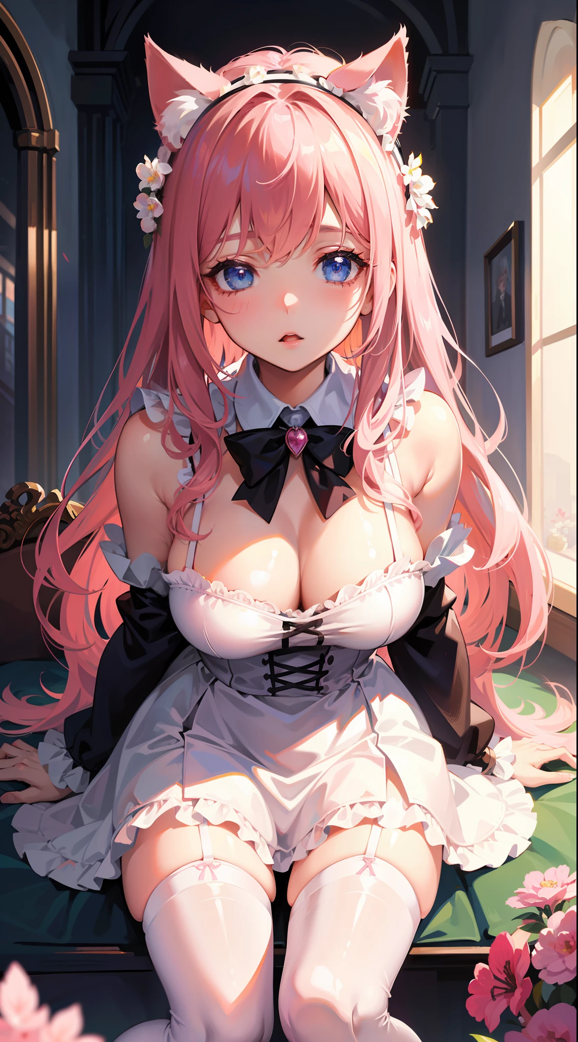 masterpiece, best quality, ultra-detailed, illustration,(1girl),beautiful detailed eyes, looking at viewer, close up, (breast focus), pink hair, shy, cat ears, white and pink dress, stockings, garters, blue eyes, thighs