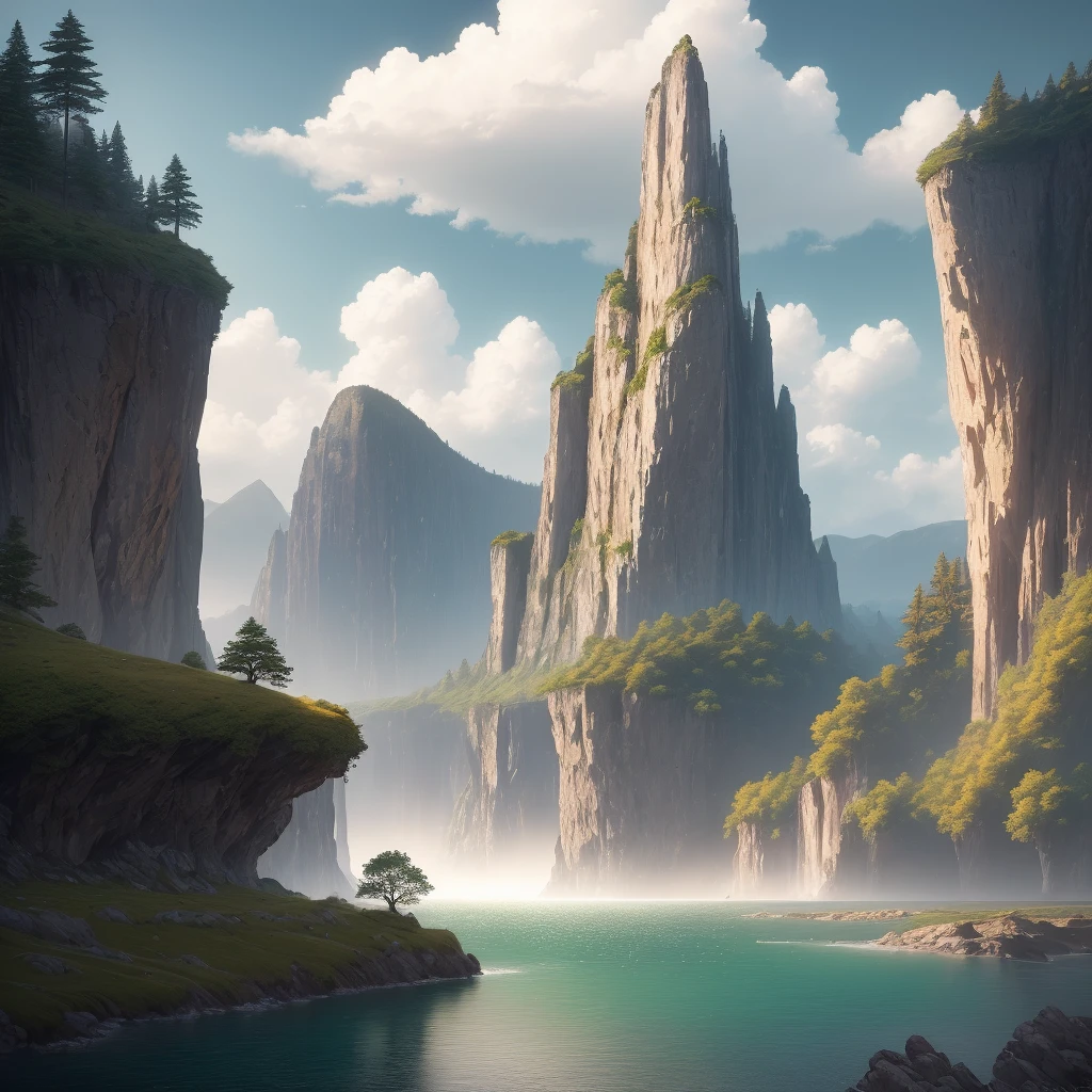 Masterpiece, best quality, high quality, extremely detailed CG unity 8k wallpaper, landscape, outdoor, sky, cloud, sky, no humans, mountain, landscape, water, tree, blue sky, waterfall, cliff, nature, lake, river , cloudy skies, award winning photography, bokeh, depth of field, HDR, bloom, chromatic aberration, photorealism, very detailed, trending on artstation, trending on CGsociety, intricate, high detail, dramatic, midjourney art