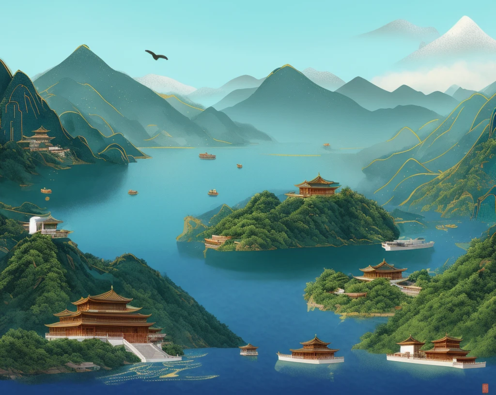 there are two containers sitting in the water with mountains in the background, detailed scenery —width 672, beautiful render of tang dynasty, beautiful detailed background, stylized digital illustration, chinese landscape, rendering of beauty pageant, chinese watercolor style, floating palace, beautiful render of a landscape, in style of 3d render, 3 d stylize scene, chinese painting style