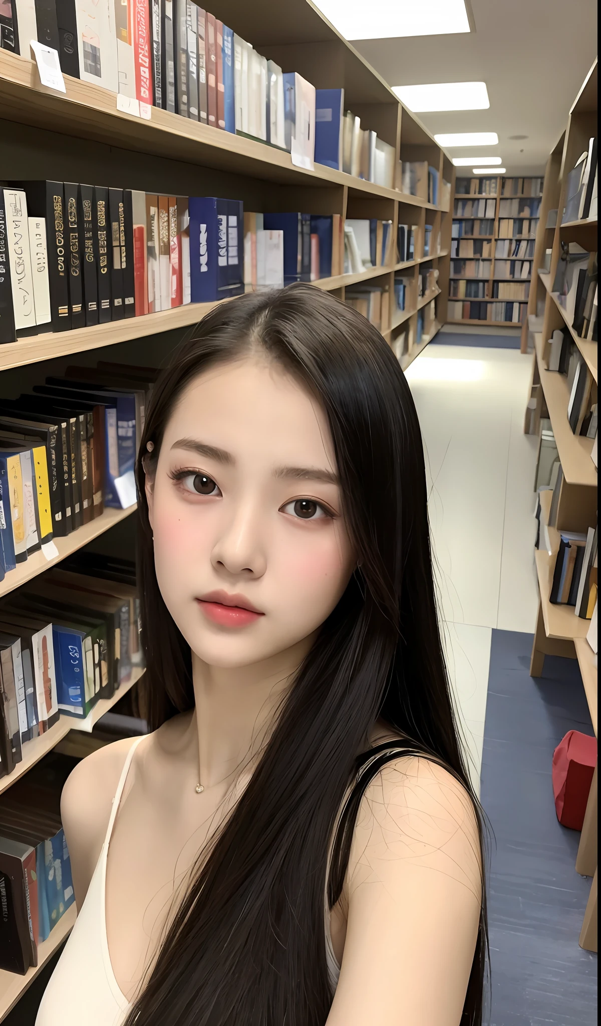(Masterpiece: 1.2), (Ultra Detail: 1.0), 20 Year Old Girl, Tareme, Slim, Room, Looking at the Audience, No Makeup, Blurred Background, Library, Student: 1.0