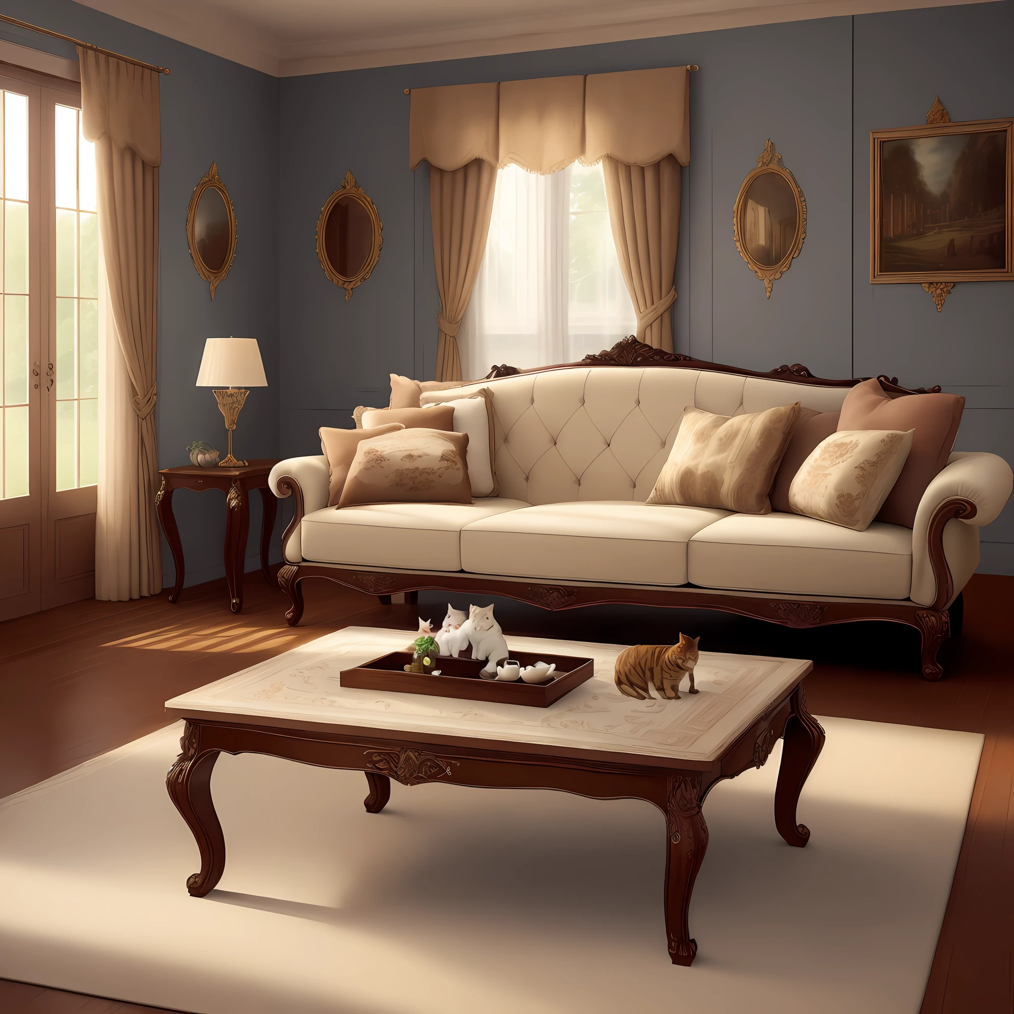 Masterpiece, high quality, best quality, authenticity, super detail, interior, sofa, coffee table, curtains, windows, carpet, living room, cat
