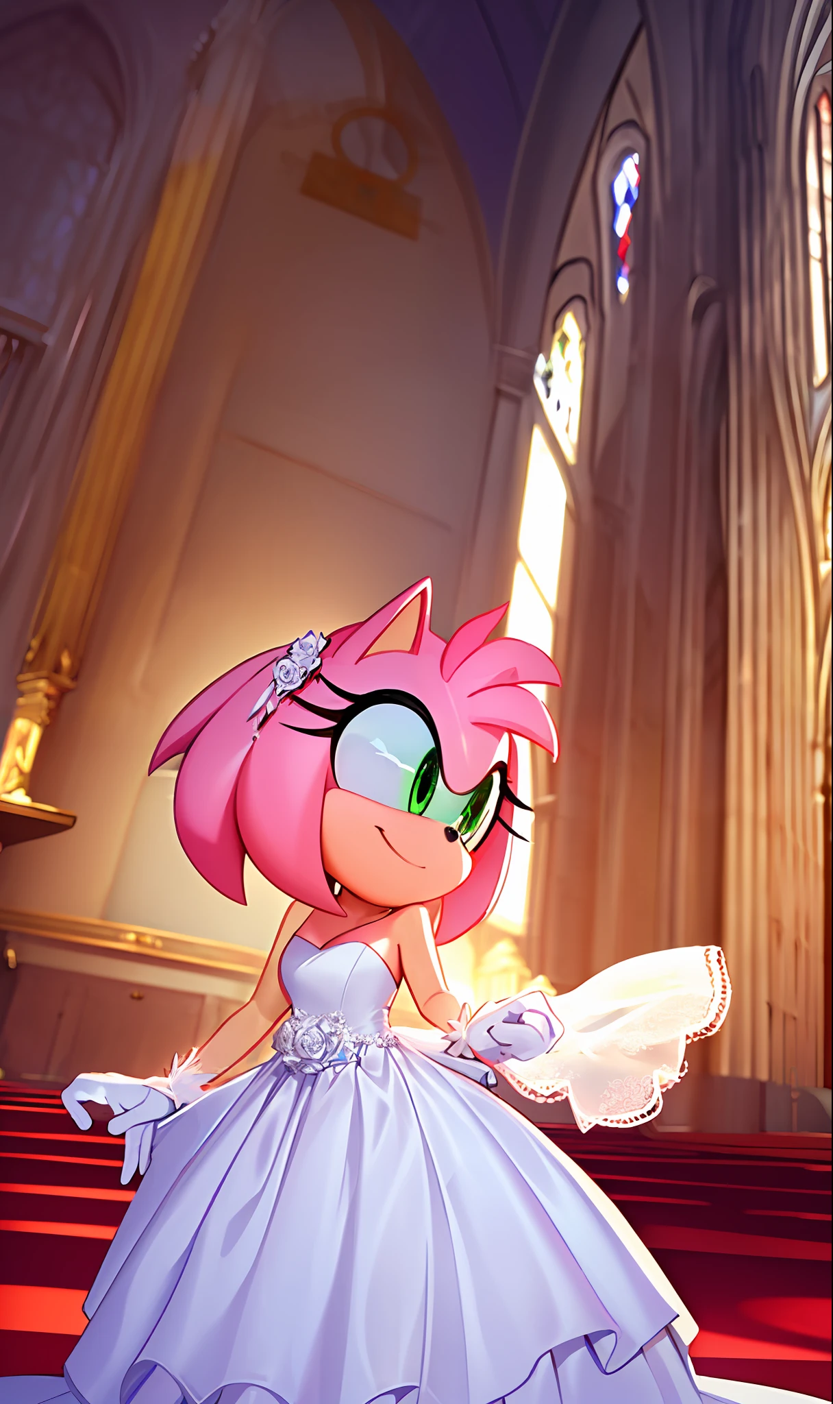 "(((masterpiece))),4k resolution,extremely delicate and beautiful,dynamic angle and pose,(1girl), church,animal nose,. Amy rose, wedding dress, smile