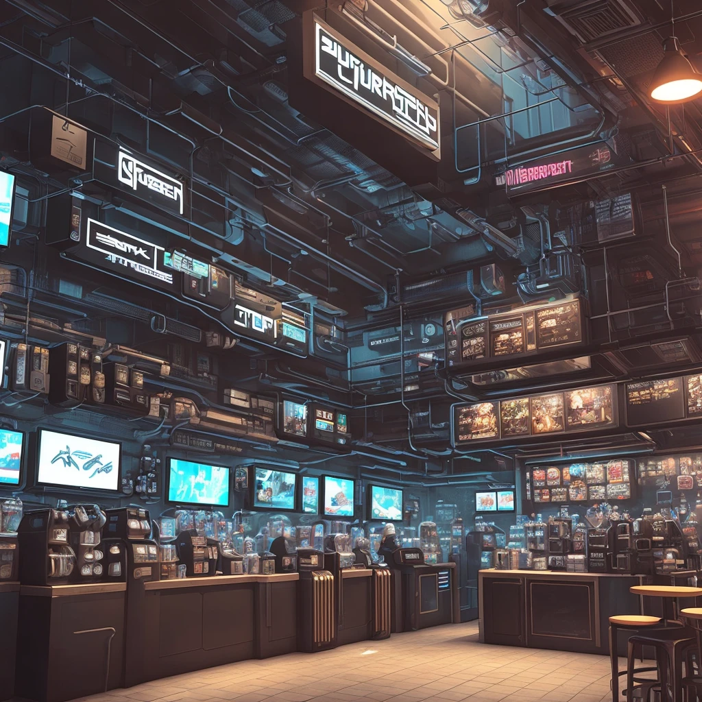 Cyberpunk coffee shop, high-definition realism