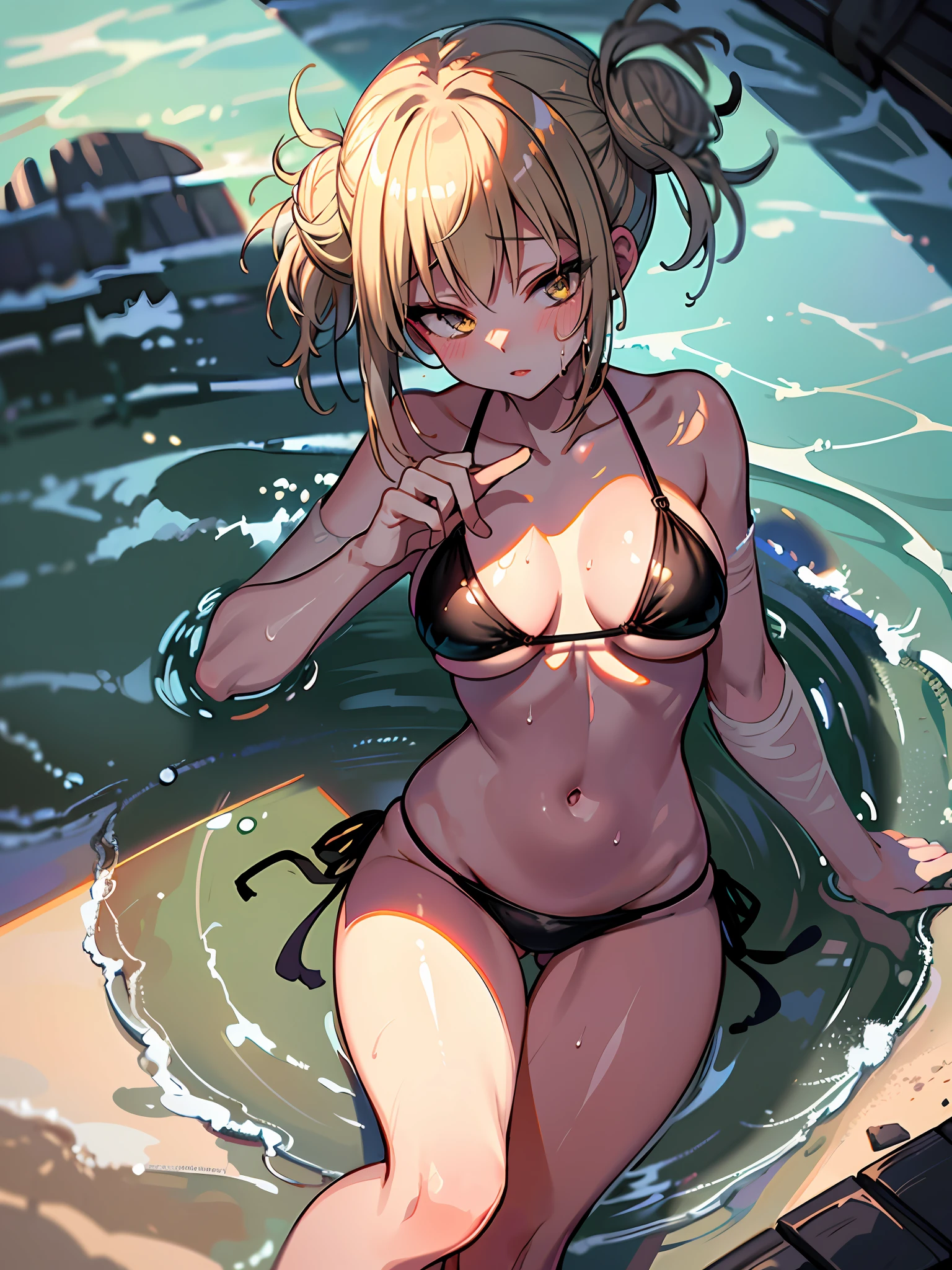 (mastery in painting, better quality, ultra-delicate details, better lighting and shadow), (beautiful figure, short bikini, wet and shiny skin, wet navel), on the beach, with warm water and gentle sea breeze.