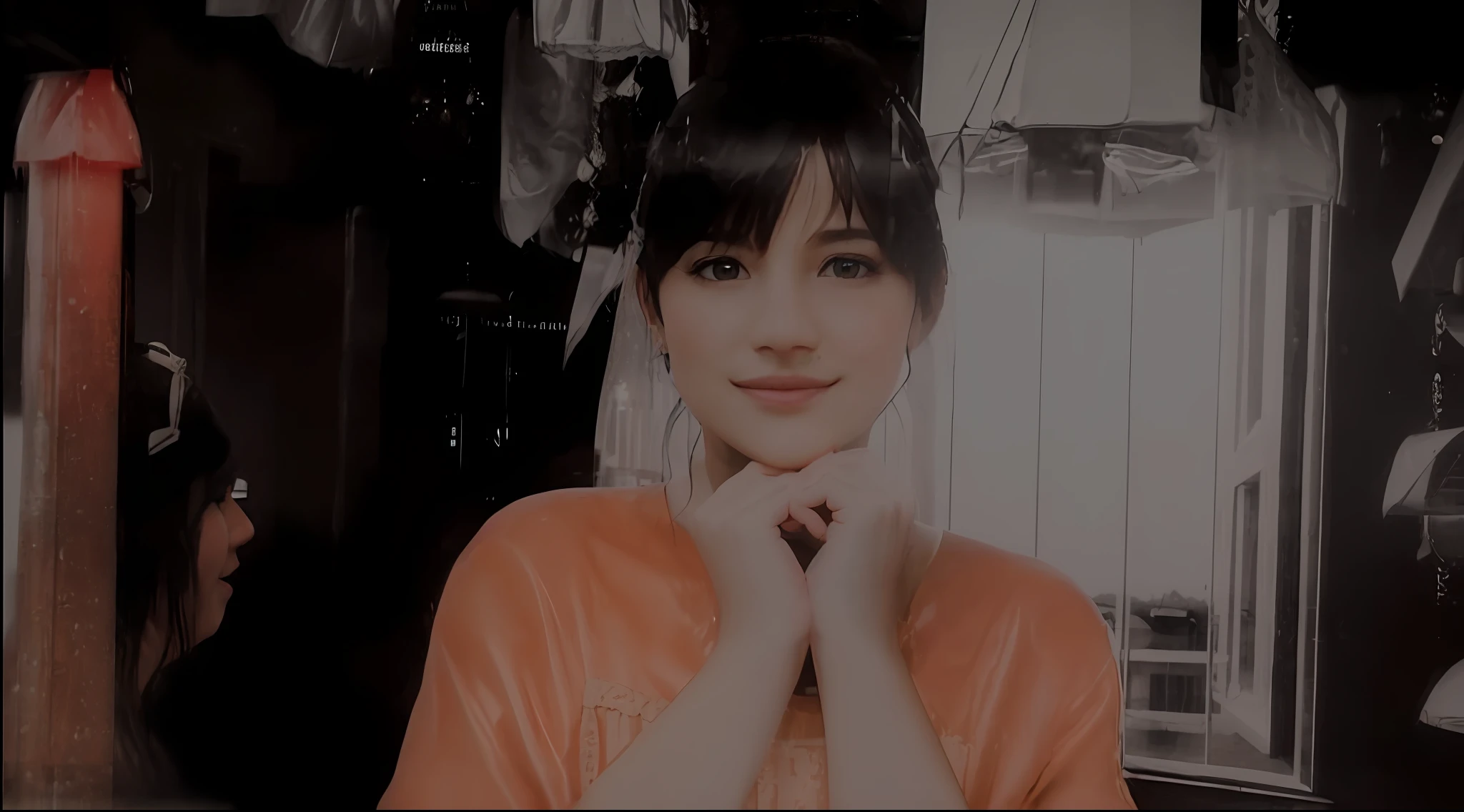 (8k, best quality, masterpiece:1.2), (realistic, photo-realistic:1.37), ultra-detailed, 1 girl, cute, solo, beautiful detailed sky, detailed cafe, night, sitting, dating, (nose blush), (smile:1.15), (closed mouth) medium breasts, beautiful detailed eyes, topless, night, wet, rain, white lace, (short hair:1.2), floating hair NovaFrogStyle,