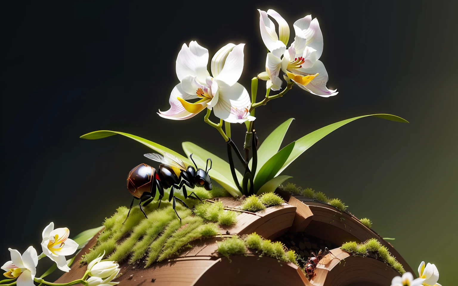 ant hill made from orchid plant, white orchid, leaf, branch, bee
