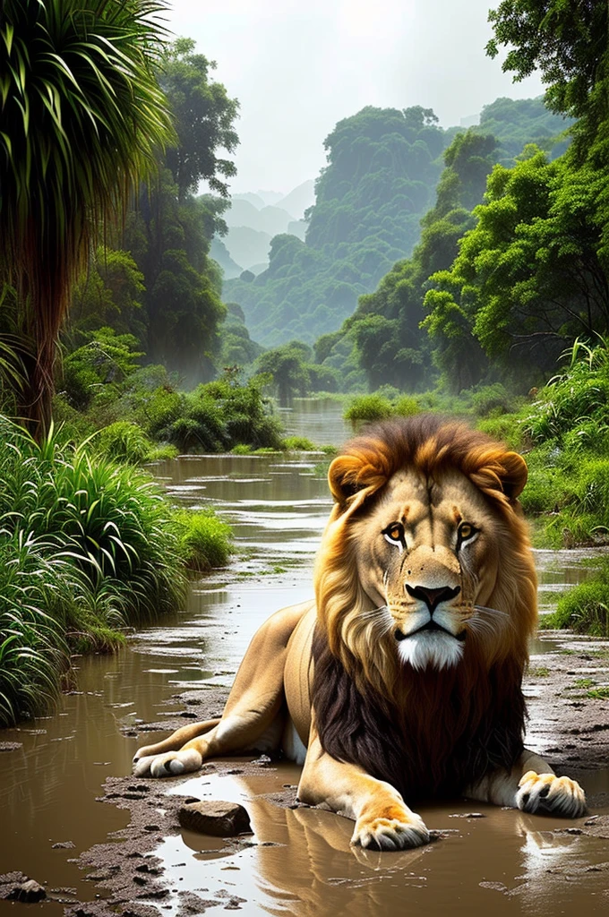 2lions, staring giant male lion, in the jungle, ((close-up)) detailed, wet mud floor, rainy weather, digital painting, art station, concept art, breathtaking, high detail, very detailed, beautiful, setting shots, hyperrealism, Unreal Engine 5,