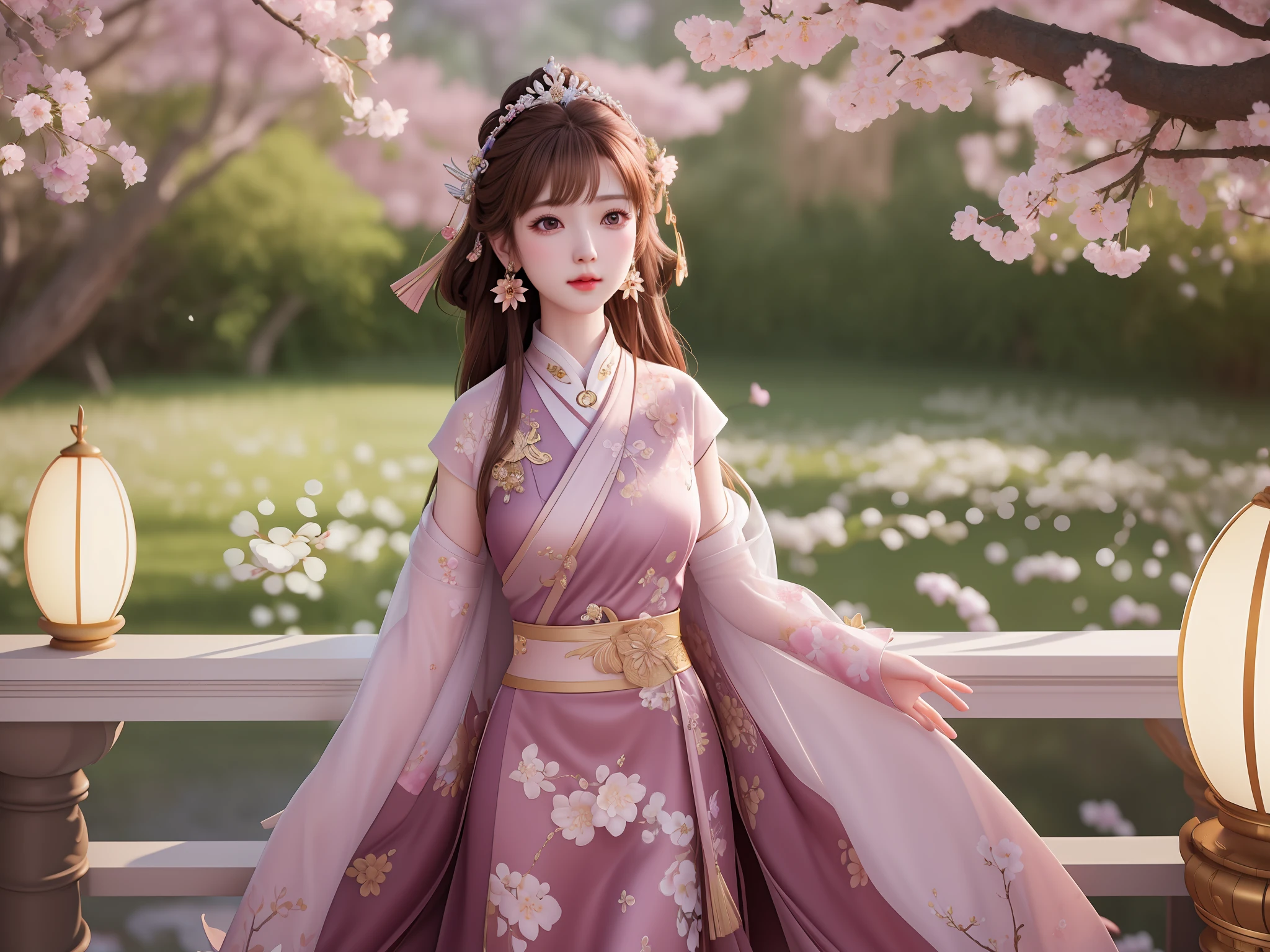 masterpiece,extremely detailed CG unity 8k wallpaper,1girl, beautiful, realistic, blurry, blurry_background, blurry_foreground, branch, brown_hair, hair_bow,crown,plum blossom, depth_of_field, earrings, flower, jewelry, nose, realistic, solo,fingers hidden, arms hidden,empress, full body