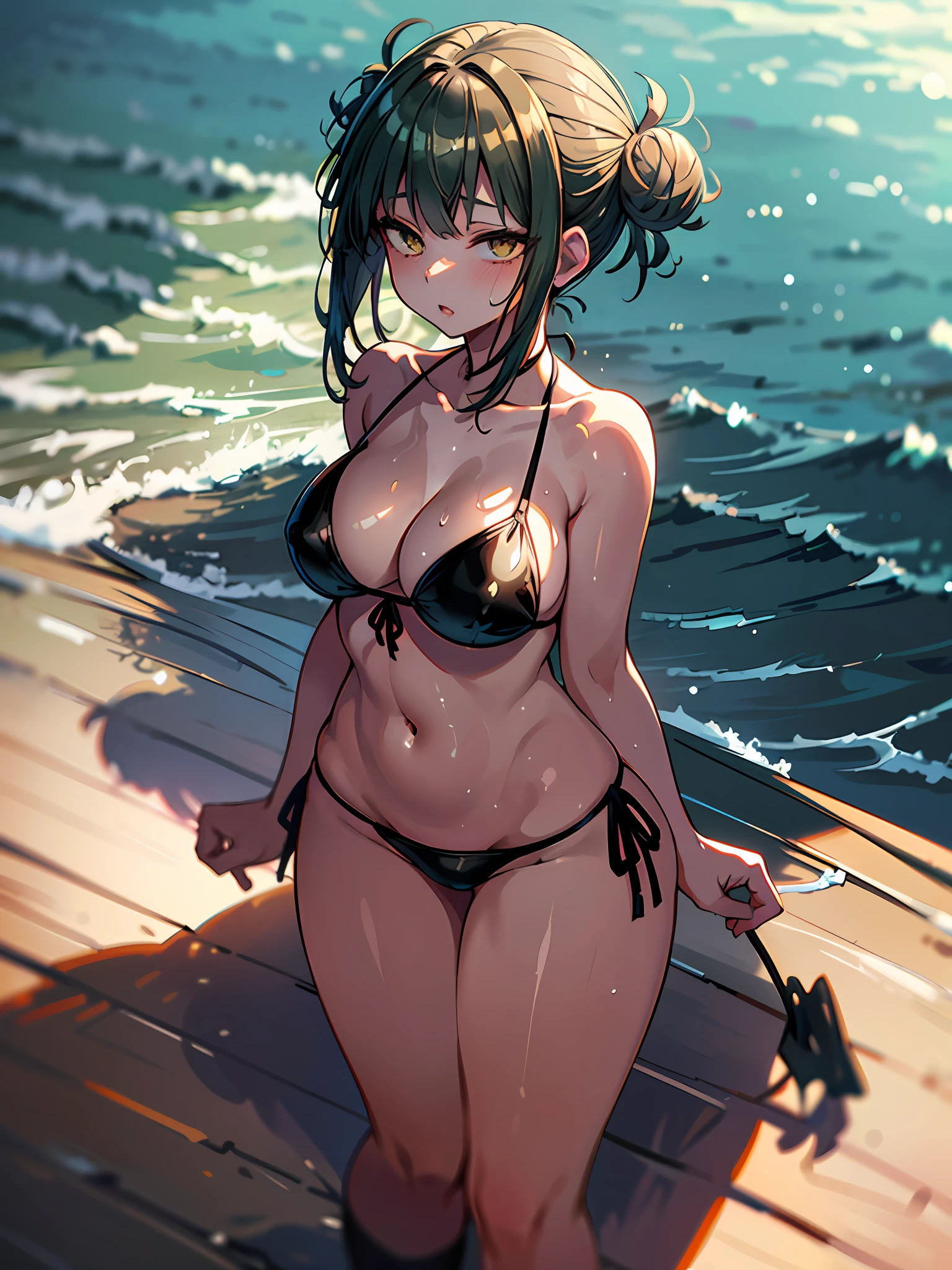 (mastery in painting, better quality, ultra-delicate details, better lighting and shadow), (beautiful figure, short bikini, wet and shiny skin, wet navel), on the beach, with warm water and gentle sea breeze.