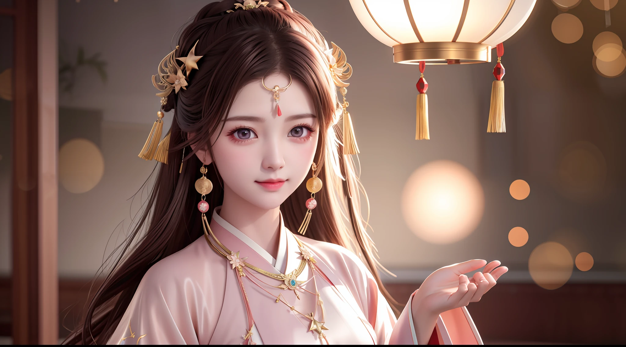 best quality, masterpiece, highres, 1girl,blush,(seductive smile:0.8),star-shaped pupils,china hanfu,hair ornament,necklace, jewelry,Beautiful face,upon_body, tyndall effect,photorealistic, dark studio, rim lighting, two tone lighting,(high detailed skin:1.2), 8k uhd, dslr, soft lighting, high quality, volumetric lighting, candid, Photograph, high resolution, 4k, 8k, Bokeh, full body