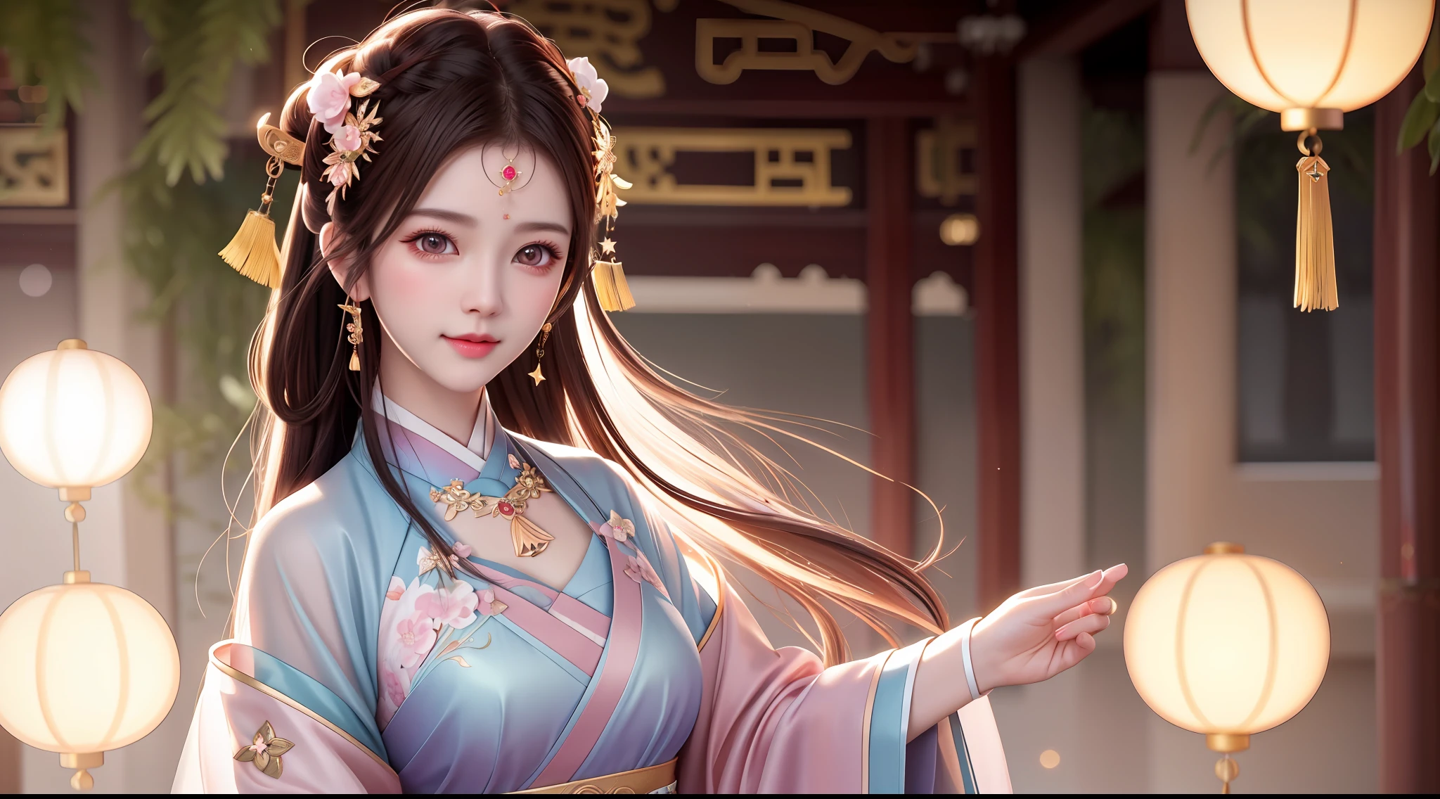 best quality, masterpiece, highres, 1girl,blush,(seductive smile:0.8),star-shaped pupils,china hanfu,hair ornament,necklace, jewelry,Beautiful face,upon_body, tyndall effect,photorealistic, dark studio, rim lighting, two tone lighting,(high detailed skin:1.2), 8k uhd, dslr, soft lighting, high quality, volumetric lighting, candid, Photograph, high resolution, 4k, 8k, Bokeh, full body