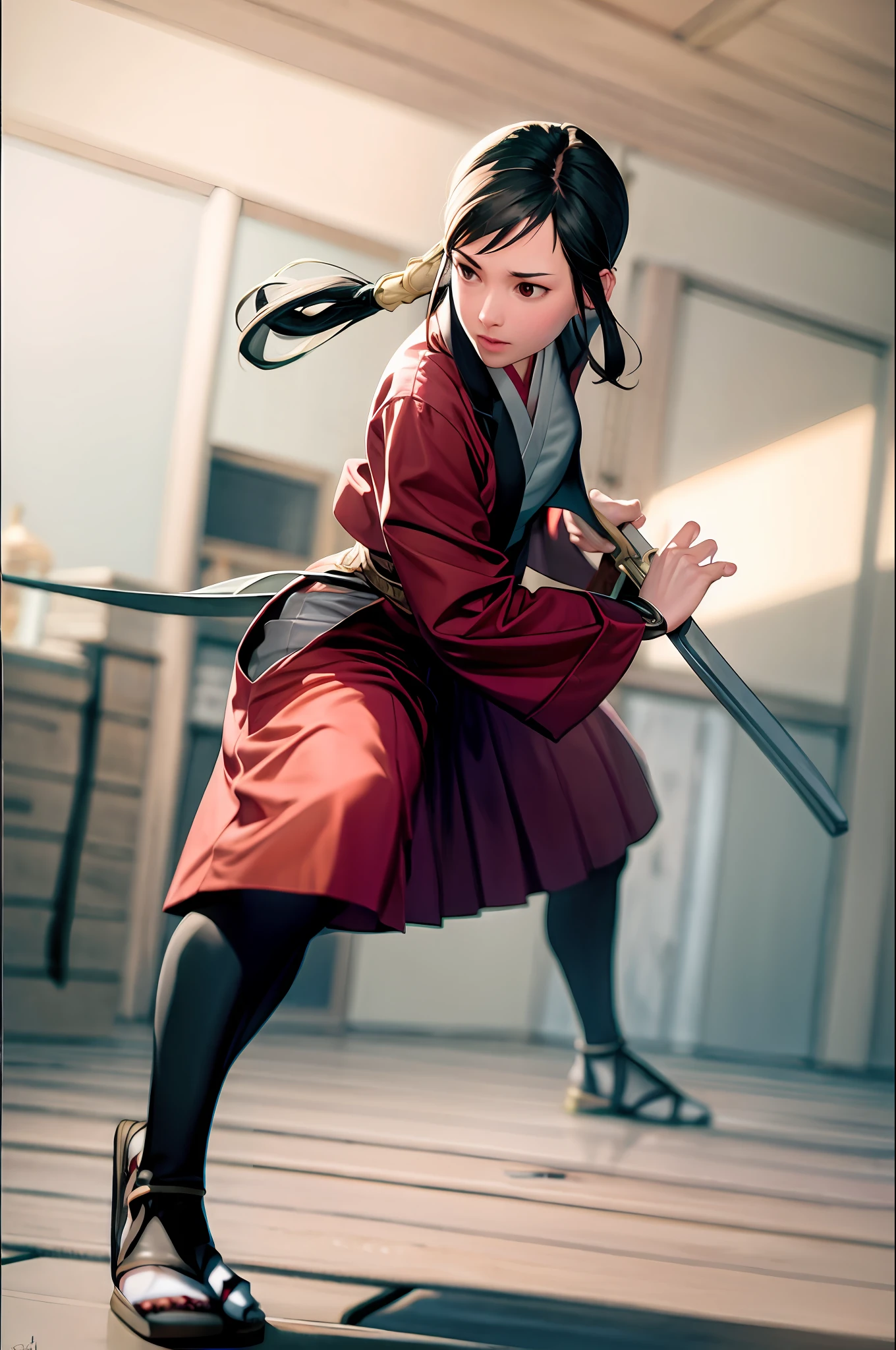 masterpiece, best quality, 1girl, sword, holding sword,grey background, fighting stance,