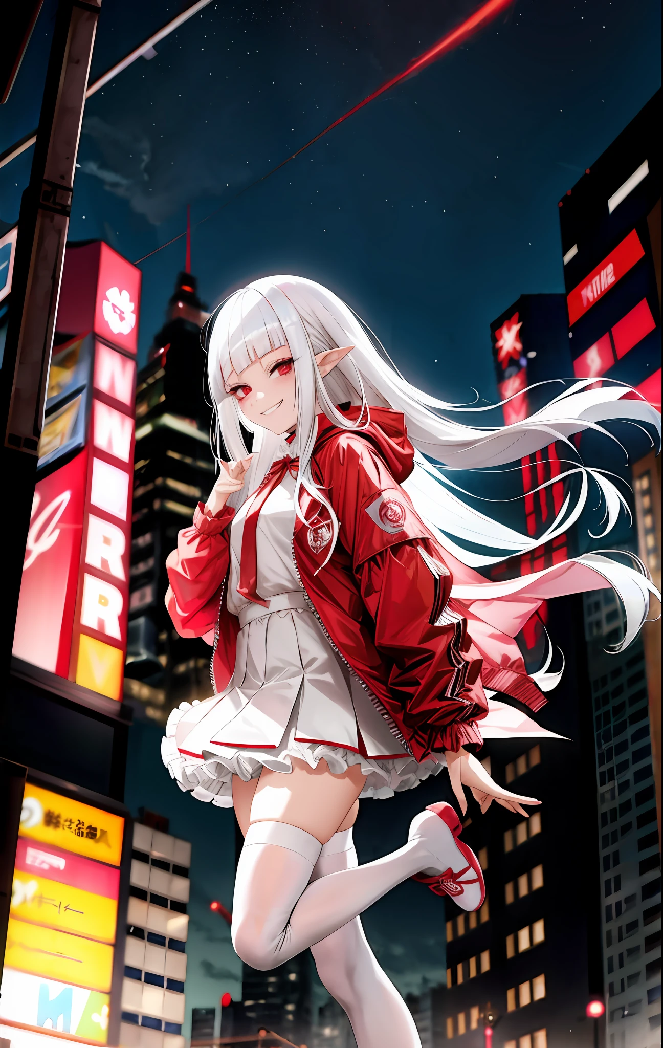 1girl, white hair, bangs, blunt bangs, vampire, frilled skirt, red windbreaker, modern windbreaker, modern, modern outfit, jacket, hood down, pointy ears, looking at viewer, smirk, solo, amused expression, smug, thigh-highs, red eyes, full body, anime, (((modern day))), reference sheet, UHD, best quality, new york city, night time, two legs, two arms