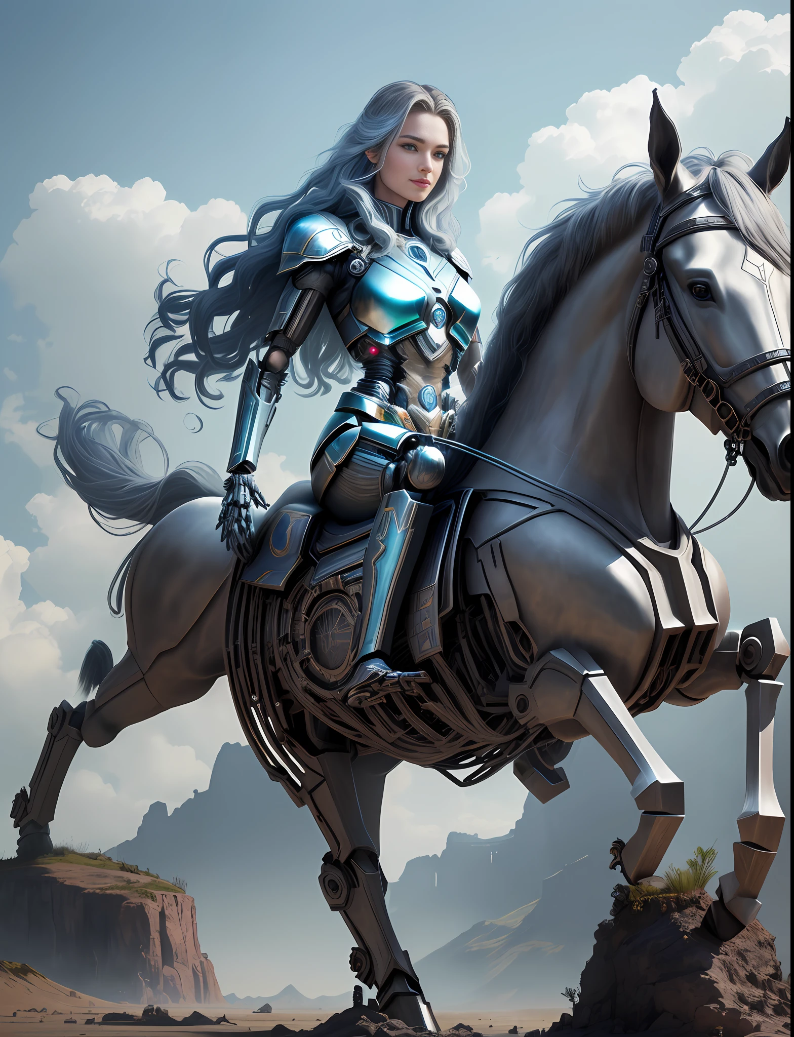 Realistic filming work, the planet Asgard in the science fiction film, Thor's woman riding a steel mechanical horse, ((the horse has mechanical skeletons, complex wires, complex metal structure)), bad smile, long hair, delicate face, gorgeous walking stick, bioluminescence