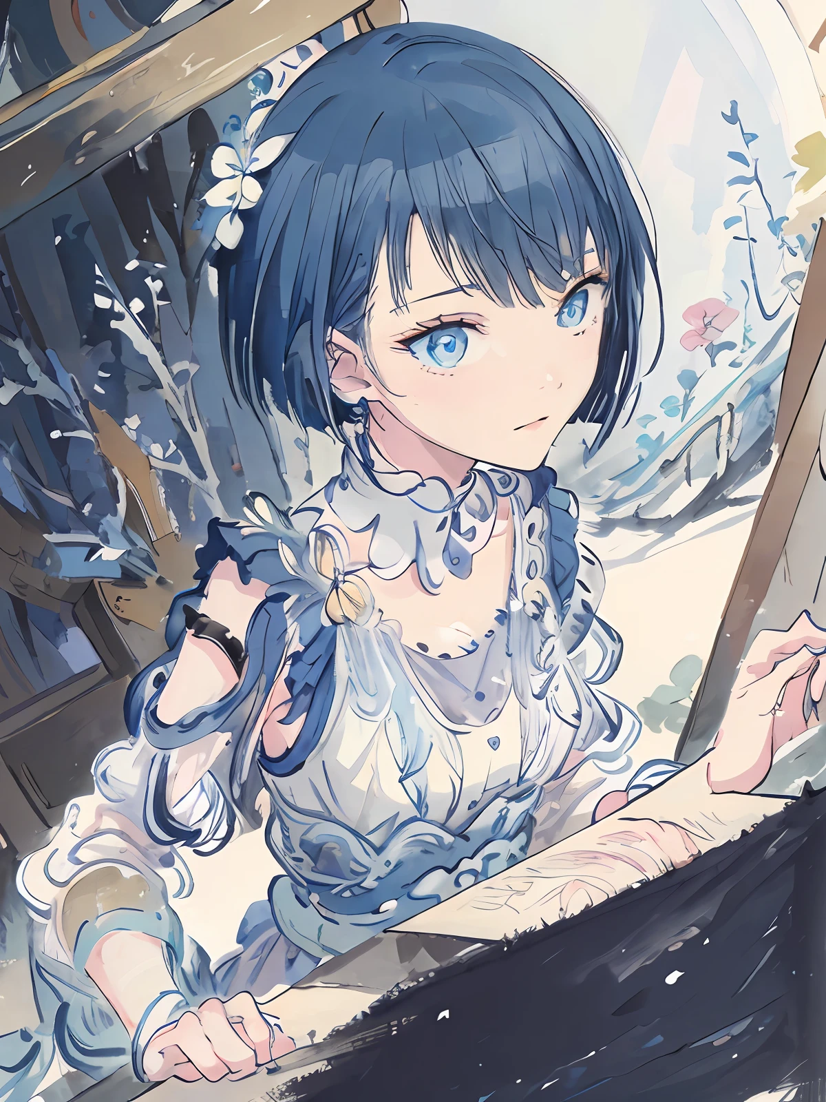 masterpiece, best quality, an extremely delicate and beautiful girl, an extremely delicate and beautiful, world masterpiece theater, ultra-detailed, highly detailed, best quality, a girl with blue short hair, blue eyes, highres, extremely detailed,1girl, best quality, illustration, looking at viewer, upper body, impasto, canvas, oil painting, realistic, realist , real