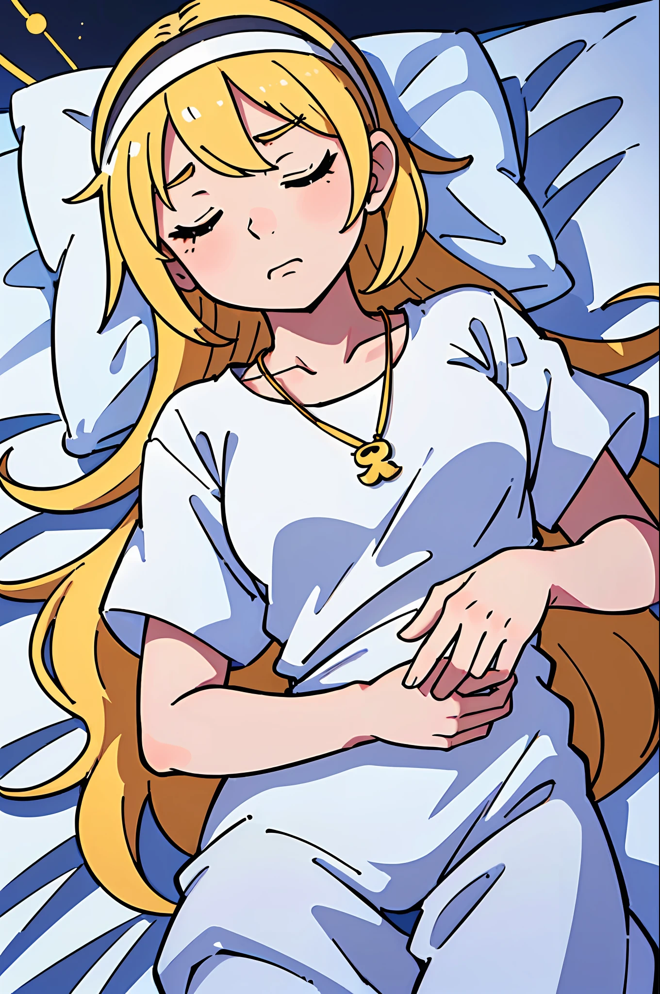 A blonde girl in an ordinary dress, long wavy gold striped hair, closed eyes, half moon pendant, technological headband, white pajamas, detailed and intricate film composition, cinematic lighting, hyper detailed, (best quality: 0.8), (best quality: 0.8), perfect anime illustration, make the character sleeping in her bed, female bedroom background