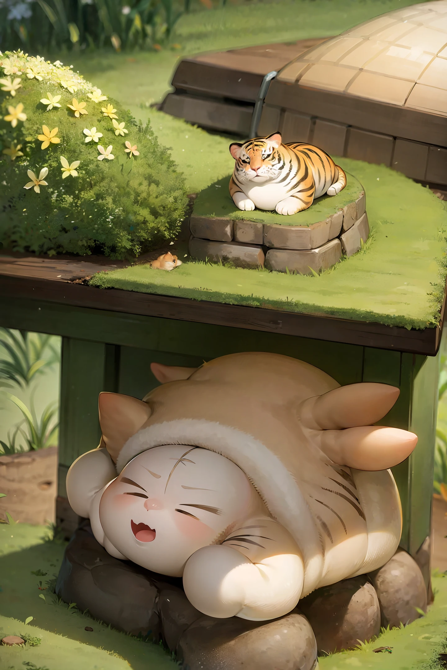fat chubby albino tiger, sleeping on top of an anthill,
