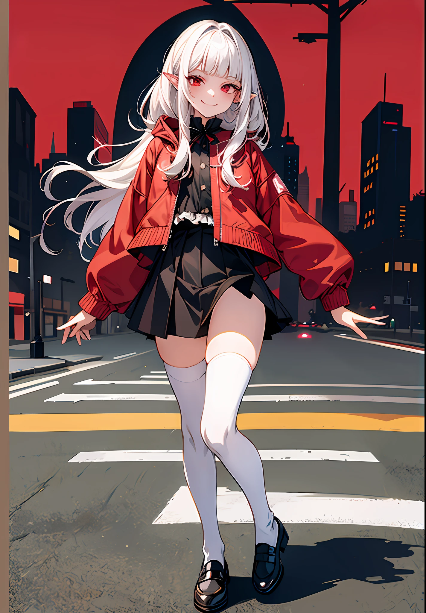 1girl, white hair, bangs, blunt bangs, vampire, frilled skirt, red windbreaker, modern windbreaker, modern, modern outfit, jacket, hood down, pointy ears, looking at viewer, smirk, solo, amused expression, smug, thigh-highs, red eyes, full body, anime, (((modern day))), reference sheet, UHD, best quality, new york city, night time, two legs, two arms