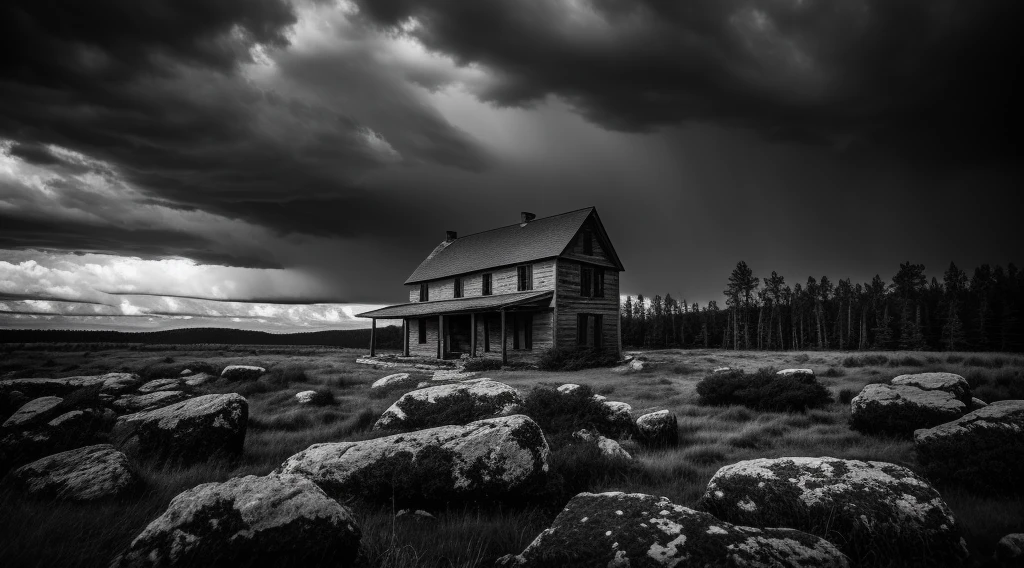 night, b&w photo of old house, post apocalypse, forest, storm weather, wind, rocks, 8k uhd, dslr, soft lighting, high quality, film grain,
