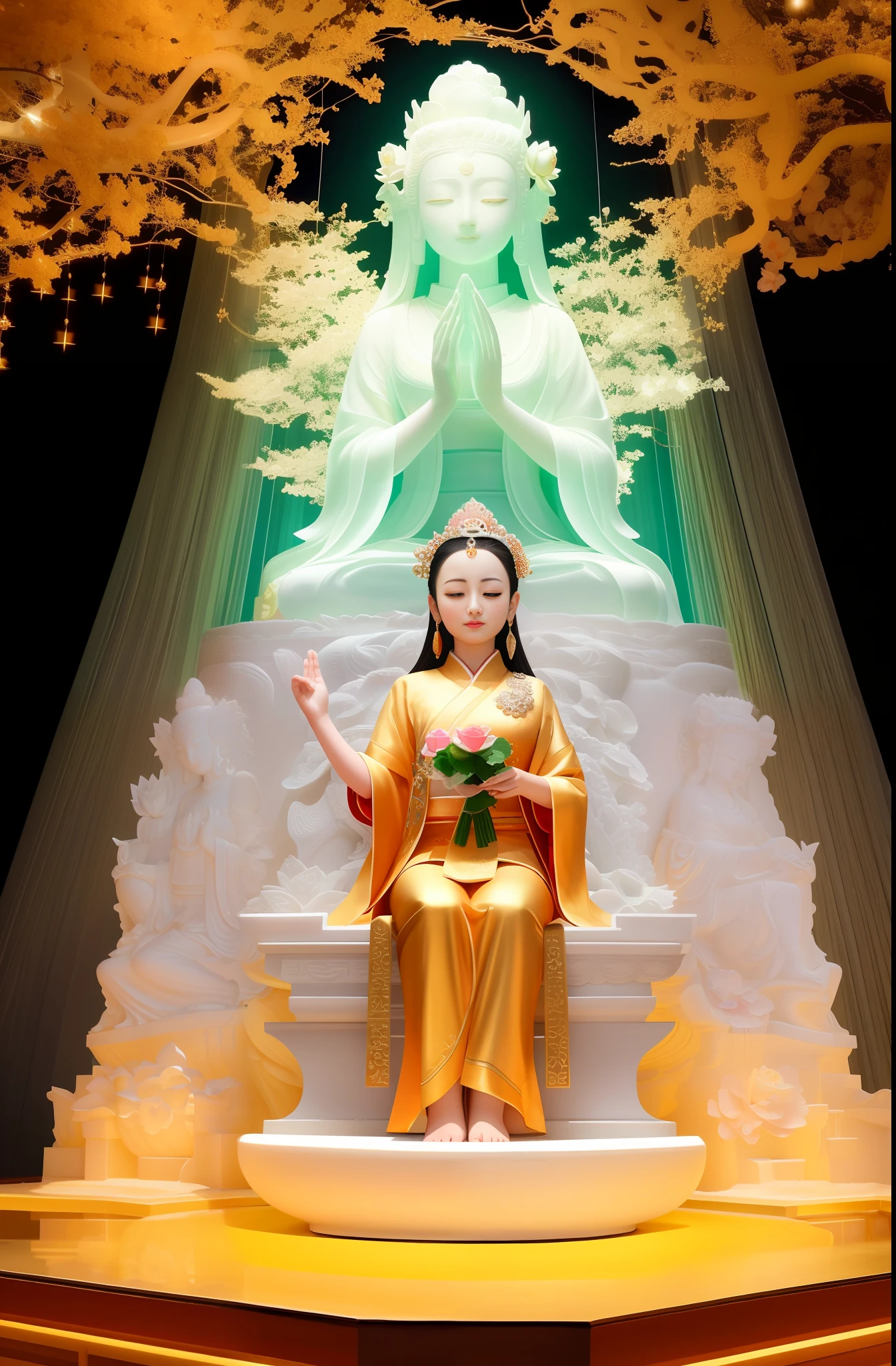 Guanyin standing on a lotus seat, Guanyin Bodhisattva, Guanyin Bodhisattva, white as jade, rose red, many roses, waterfall like snowy mountains, pouring, radiant, sparkling, ethereal, super high detail, real photos, intricate details, perfect composition, beautiful details complex, 8 k HD
