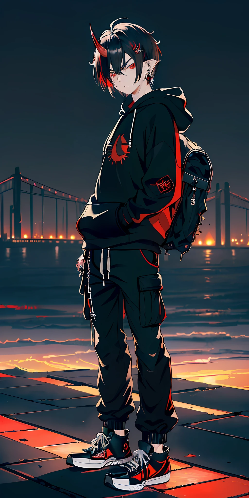 ((highest quality, masterpiece, 4k, finely detailed, gelbooru, pixiv)), finely detailed eyes and detailed face, warm lighting, ((solo)), 1boy, elf ears, (young boy), ((soft features)), emo, ((one demon horn fading from black to red on right side of head)), ((red eyes, sharp eyes)), skinny, ((black hair, messy straight bob hairstyle, short hair, longer middle strand), (looking at viewer, angry expression), ((black band logo hoodie, baggy cargo pants, black converse sneakers, earrings)), painted nails, night city background,, dark atmosphere, moonlight, dynamic pose, sparks flying through air