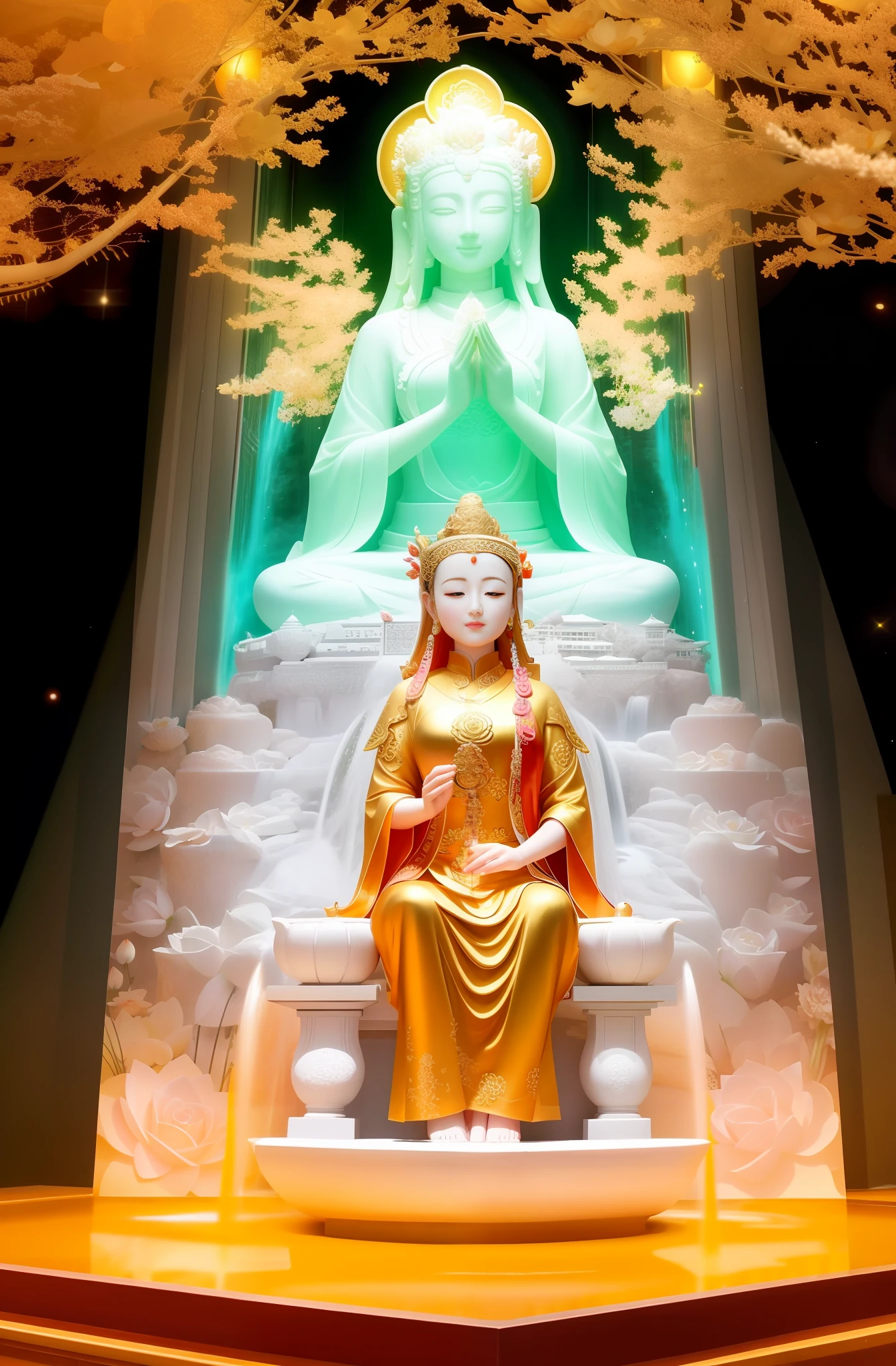 Guanyin standing on a lotus seat, Guanyin Bodhisattva, Guanyin Bodhisattva, white as jade, rose red, many roses, waterfall like snowy mountains, pouring, radiant, sparkling, ethereal, super high detail, real photos, intricate details, perfect composition, beautiful details complex, 8 k HD