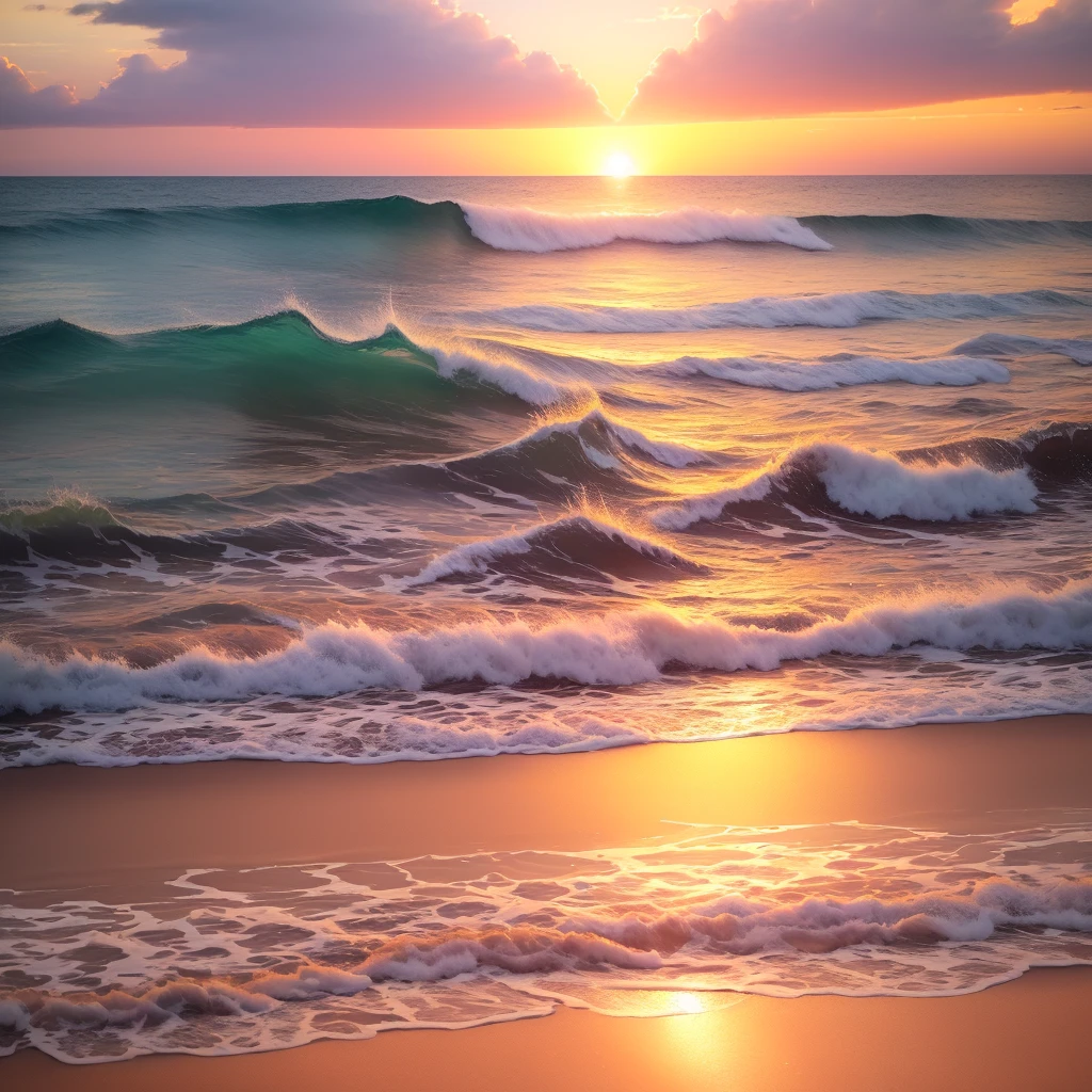An absolutely mesmerizing sunset on the beach, with a yellow in the sky, crystal clear water, gentle kisses on the beach, the scene is dynamic and breathtaking, and the water is slightly blue