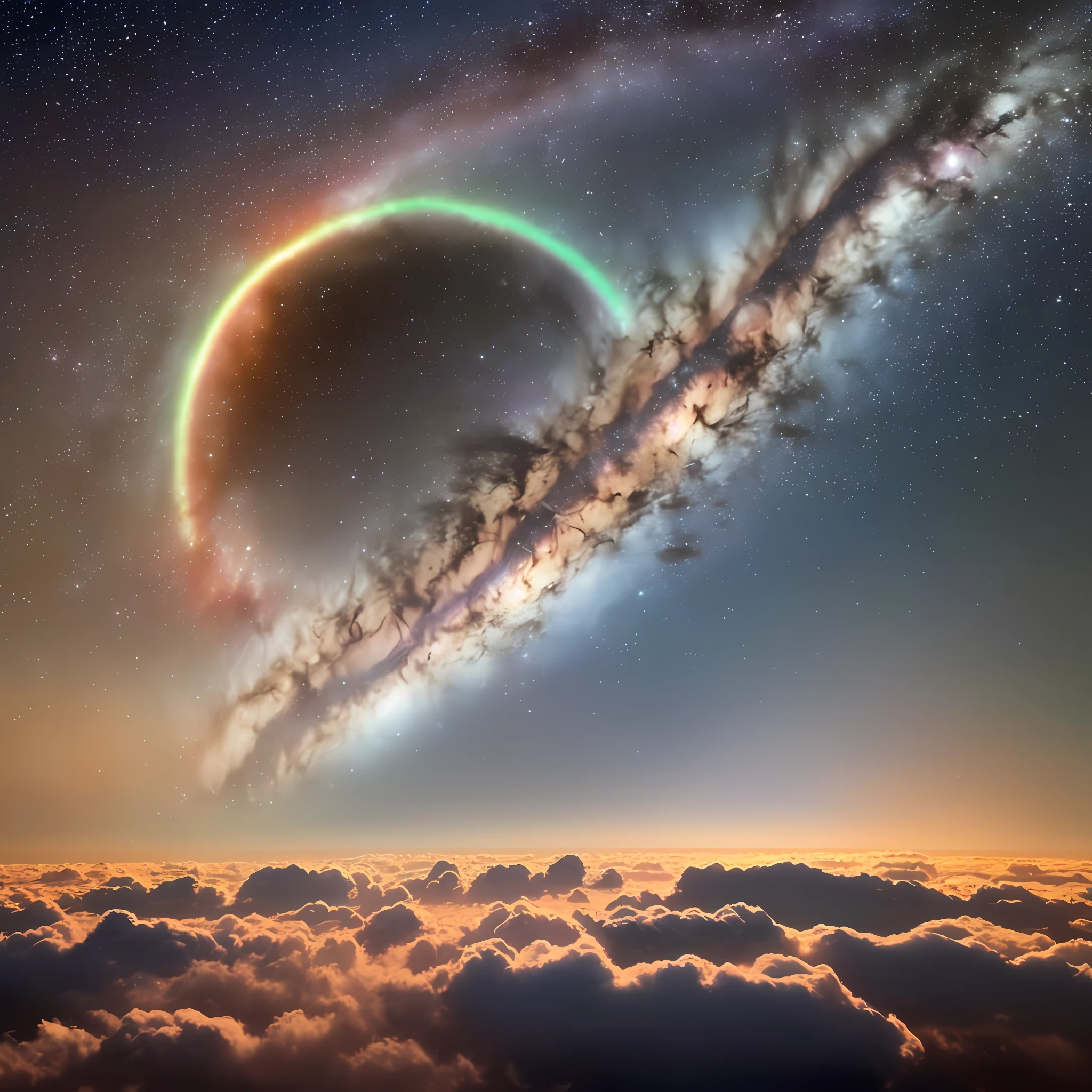 Vision outside the atmosphere, looking inside the atmosphere, exoplanet gas giant, huge radius, strong magnetic field, multi-layer atmosphere
The atmosphere, composed of different gases, temperature and pressure change with altitude, producing storms, clouds are composed of different substances, such as water, ammonia, methane, etc., forming different colors and shapes, flashing like lightning, vast, boundless space, full of mystery and unknown, making people feel awe and wonder, magnificent, strong winds and turbulence between clouds, causing changes and movements of clouds, making people feel spectacular and dangerous, cloudscapes, beautiful shadows of other planets or moons seen from above the clouds, Small celestial bodies composed of solid or liquid matter, supported by gases or magnetic fields in the atmosphere, floating in clouds, sometimes with life, colorful skies, colorful skies formed by the refraction and reflection of light of different wavelengths, sometimes rainbows or halos and other miracles