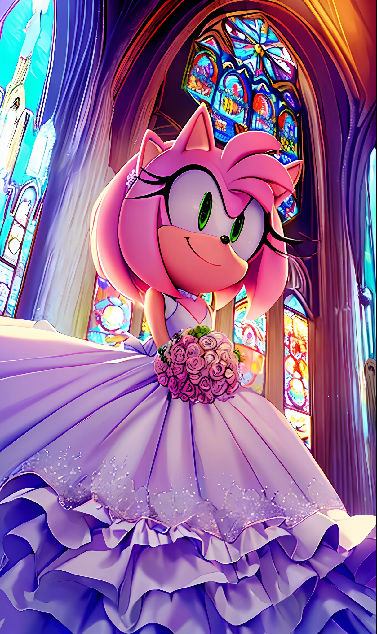 "(((masterpiece))),4k resolution,extremely delicate and beautiful,dynamic angle and pose,(1girl), church,animal nose,. Amy rose, wedding dress, smile