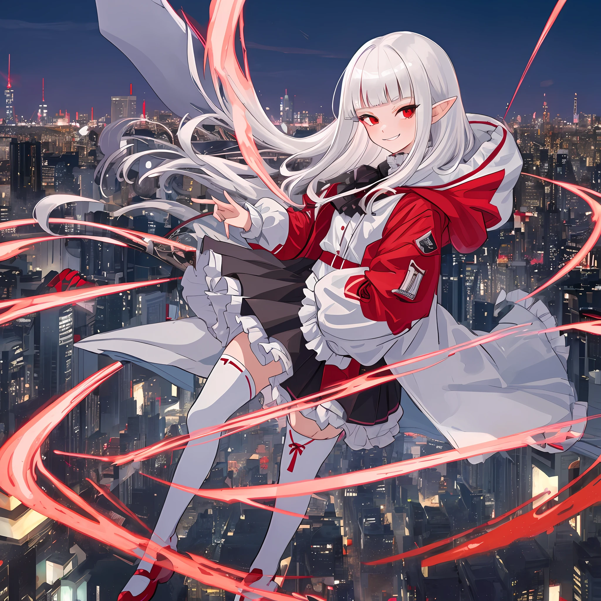 1girl, white hair, bangs, blunt bangs, vampire, frilled skirt, red windbreaker, modern windbreaker, modern, modern outfit, jacket, hood down, pointy ears, looking at viewer, smirk, solo, amused expression, smug, thigh-highs, red eyes, full body, anime, (((modern day))), UHD, best quality, new york city, night time