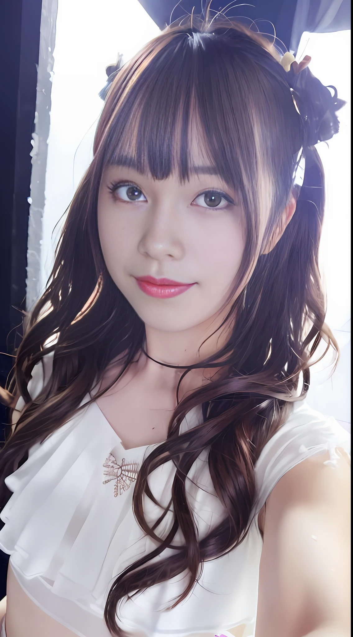 a close up of a woman with long hair wearing a white top, chiho, narumi kakinouchi, 奈良美智, shiori teshirogi, sakimichan, sakimi chan, realistic young gravure idol, kimi takemura, young gravure idol, with cute - fine - face