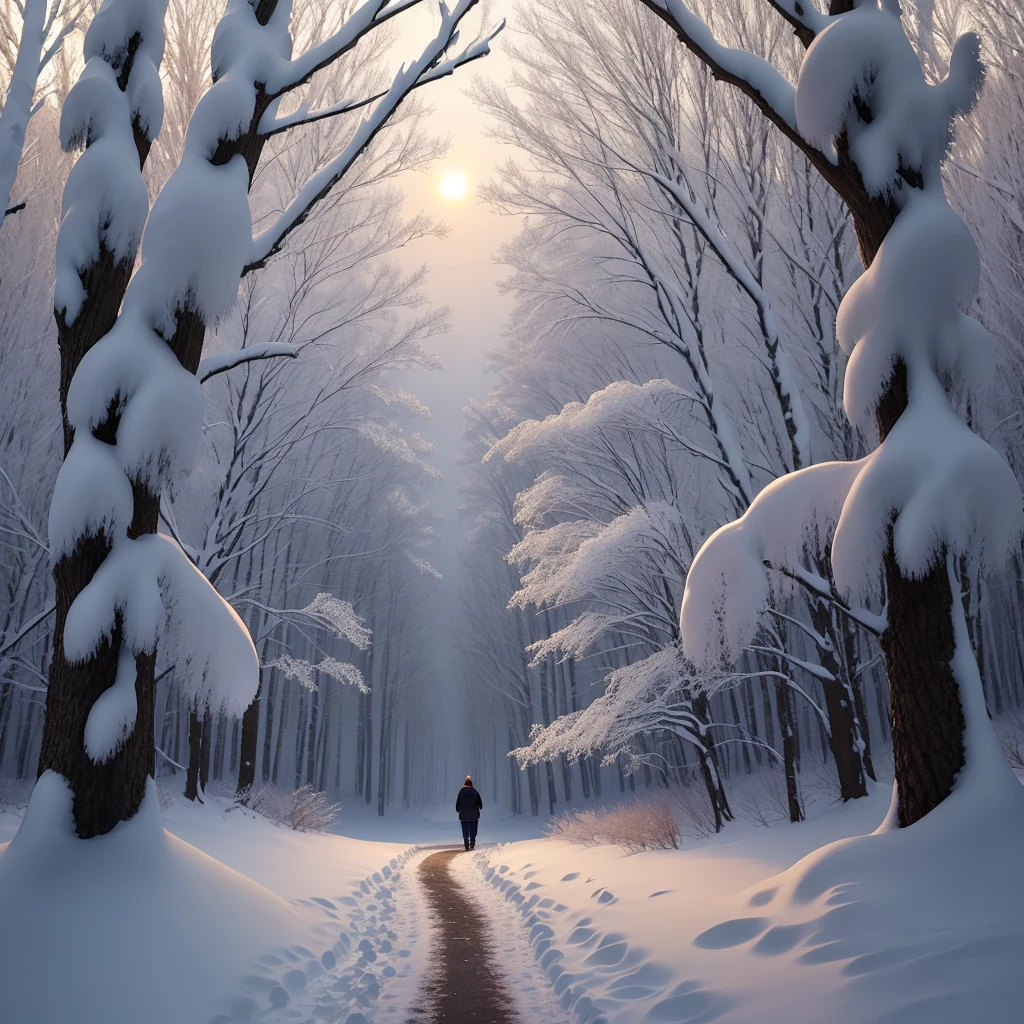 [(Stopping by Woods on a Snowy Evening), (Robert Frost poem), (snowy woods), , (snowflakes), (cold air), (peaceful atmosphere), (silence), (gentle breeze), (frost-covered branches), (snowy path), (winter afternoon), (warm sunset glow), (long shot), (calm and serene)]