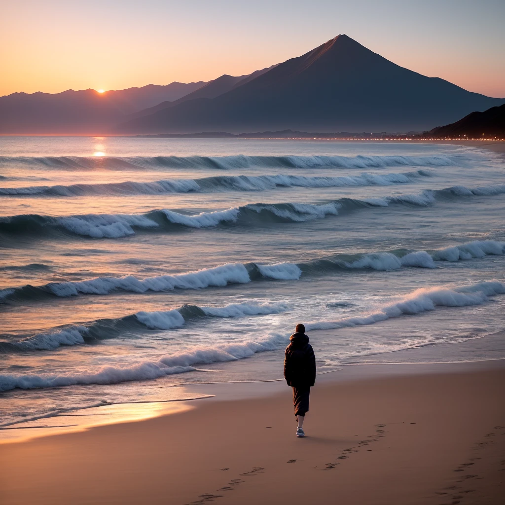 A modern beauty, walking alone on the beach, at dusk, the background of the sunset West Mountain in the distance. Demand that God resemble a real person