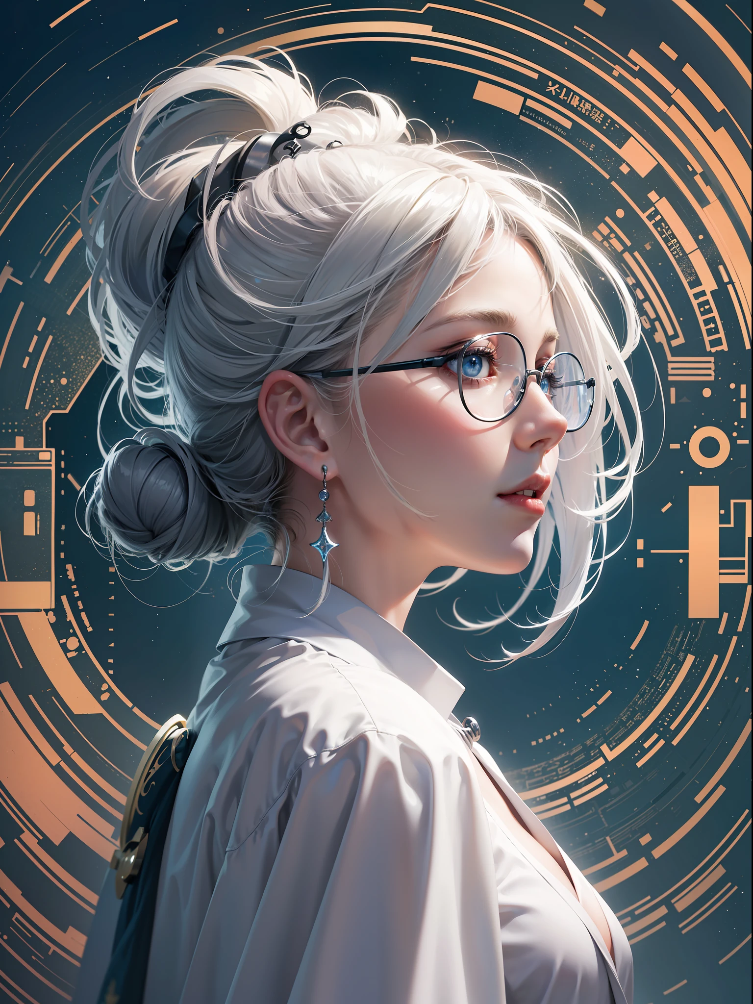 Official Art, Unified 8k Wallpaper, Side Closeup, Ultra Detailed, White Robe Female Scientist, Masterpiece, Best Quality, (Fractal Art: 1.3), 1girl, Very Detailed, Dynamic Angle, Most Beautiful Forms Chaotic, Elegant, With Glasses, Lab, Elegant, --v 6