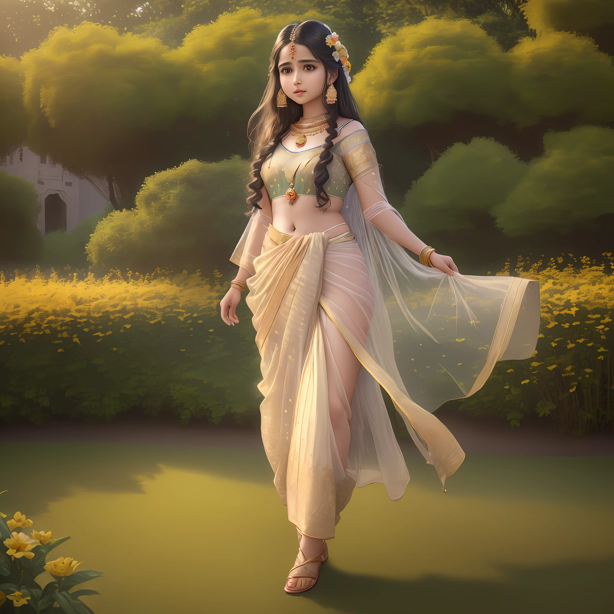 (8k, RAW photo, best quality, masterpiece:1.2), (realistic, photo-realistic:1.37),1 girl, cute, India dress, saree, (solo),detailed face, round face,long hair, slender, petite, gold jewellery, standing in flowers garden ((background of Royale Indian Palace)), size 2160x1216