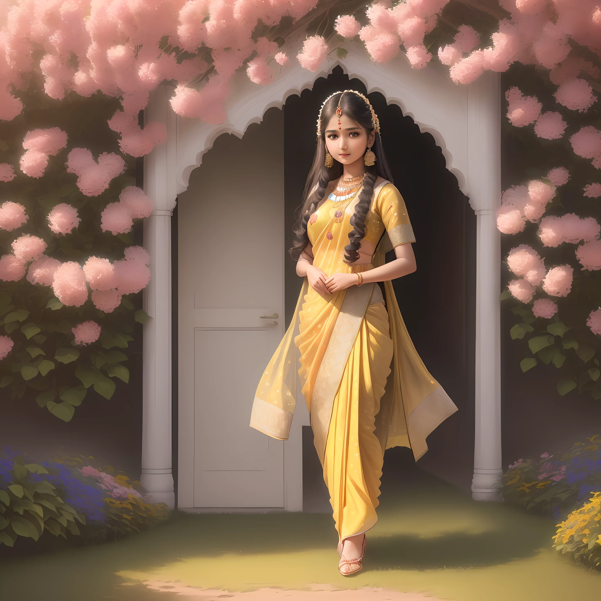 (8k, RAW photo, best quality, masterpiece:1.2), (realistic, photo-realistic:1.37),1 girl, cute, India dress, saree, (solo),detailed face, round face,long  hair, slender, petite, gold jewellery, standing in flowers garden ((background of   Royale Indian Palace)), size 2160x1216