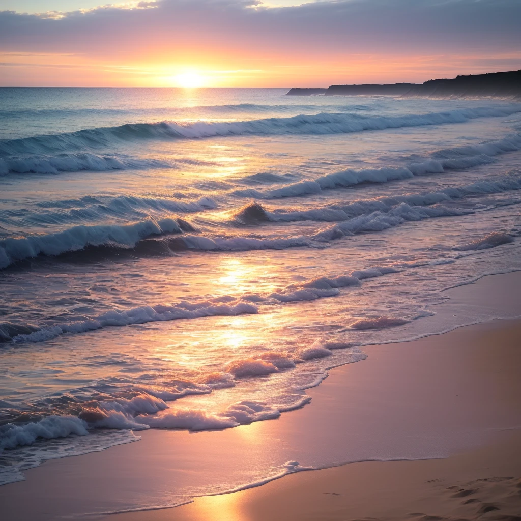 Beach, enchanting sunrise, crystal clear water, gently sprinkled on the sand, dynamic, a little girl walking on the beach, vista
