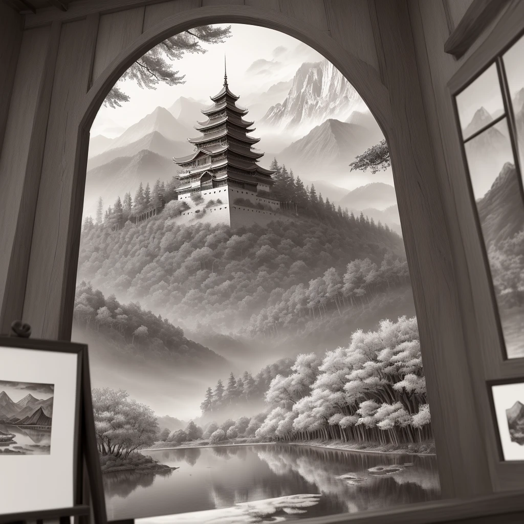 ((Material)), (Best Quality), ((High Resolution), ((Ink Wash)), ((Artist)), (Very Detailed)), ((Detail)), A Chinese Tower, Autumn, Golden Tree, autumn_leaves, Bird chinese painting, leaf, maple_leaf, mountain, lake, mountainous_horizon, no_humans, outdoor, landscape, sky, sunset, tree, zulishisong_ style_willow_tree, Blurred Vista, Misky,