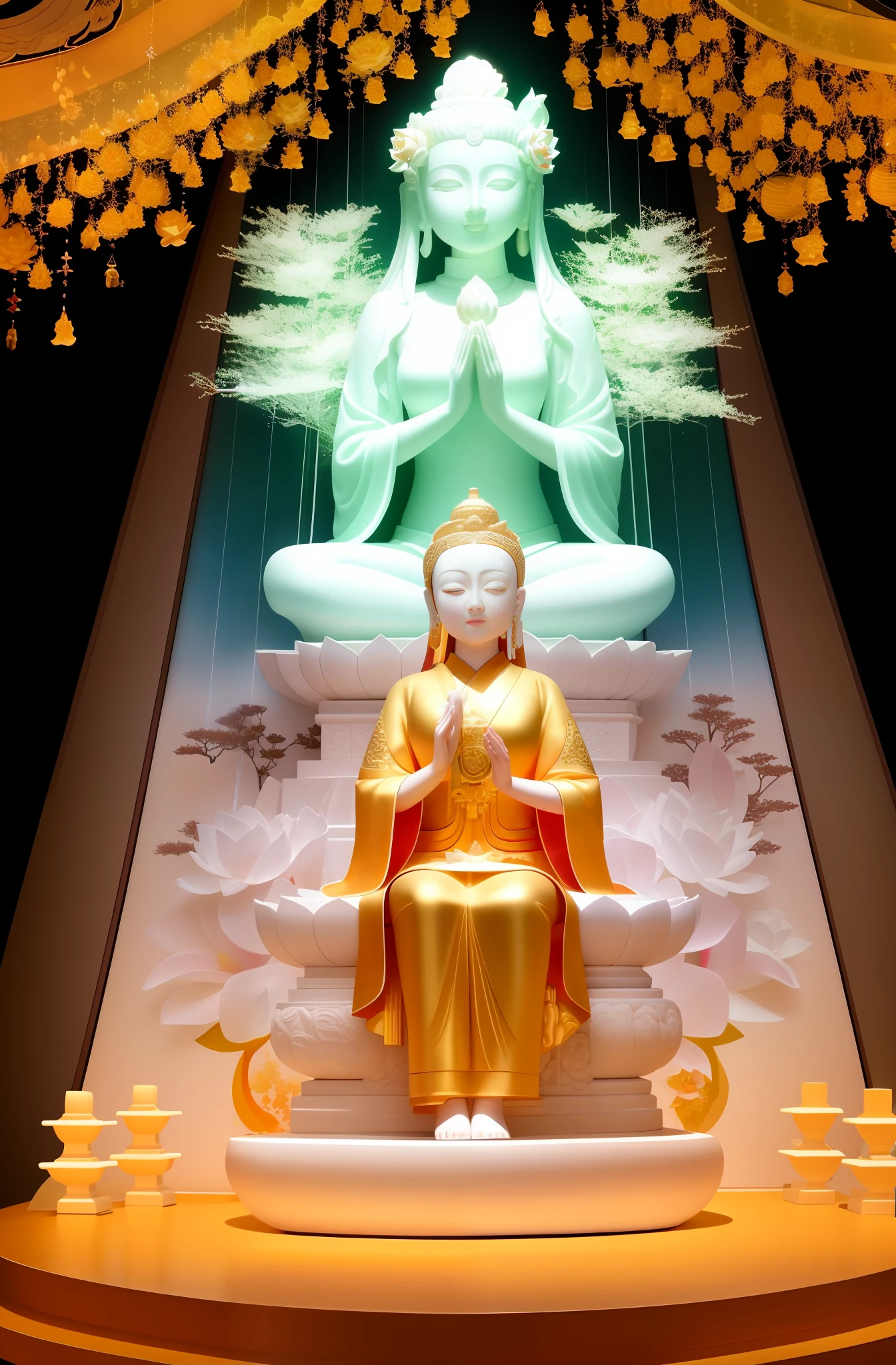 Guanyin standing on a lotus seat, Guanyin Bodhisattva, Guanyin Bodhisattva, white as jade, rose red, many roses, waterfall like snowy mountains, pouring, radiant, sparkling, ethereal, super high detail, real photos, intricate details, perfect composition, beautiful details complex, 8 k HD