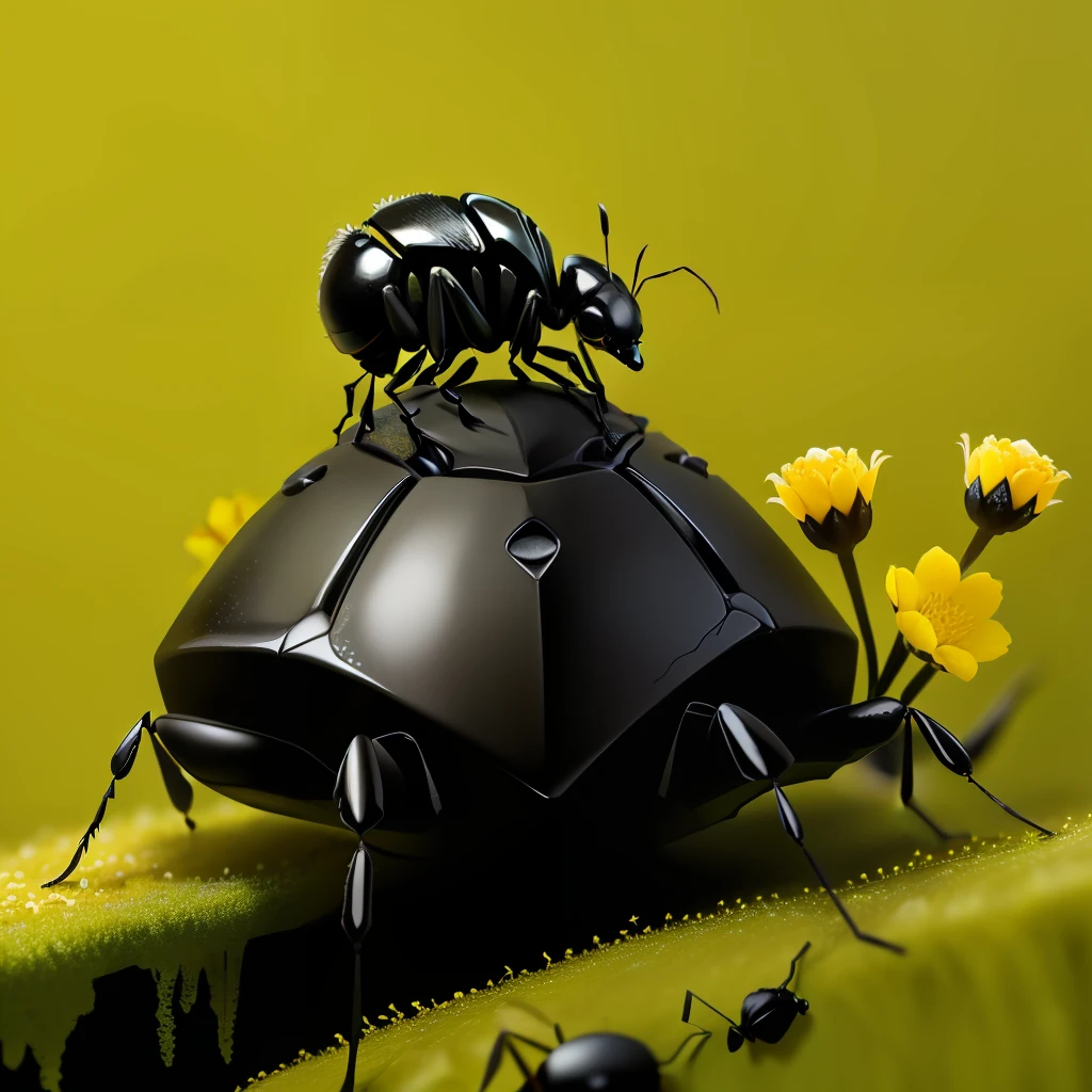 ant hill made from black beetle with big yellow flowers, leaf, and branch on it