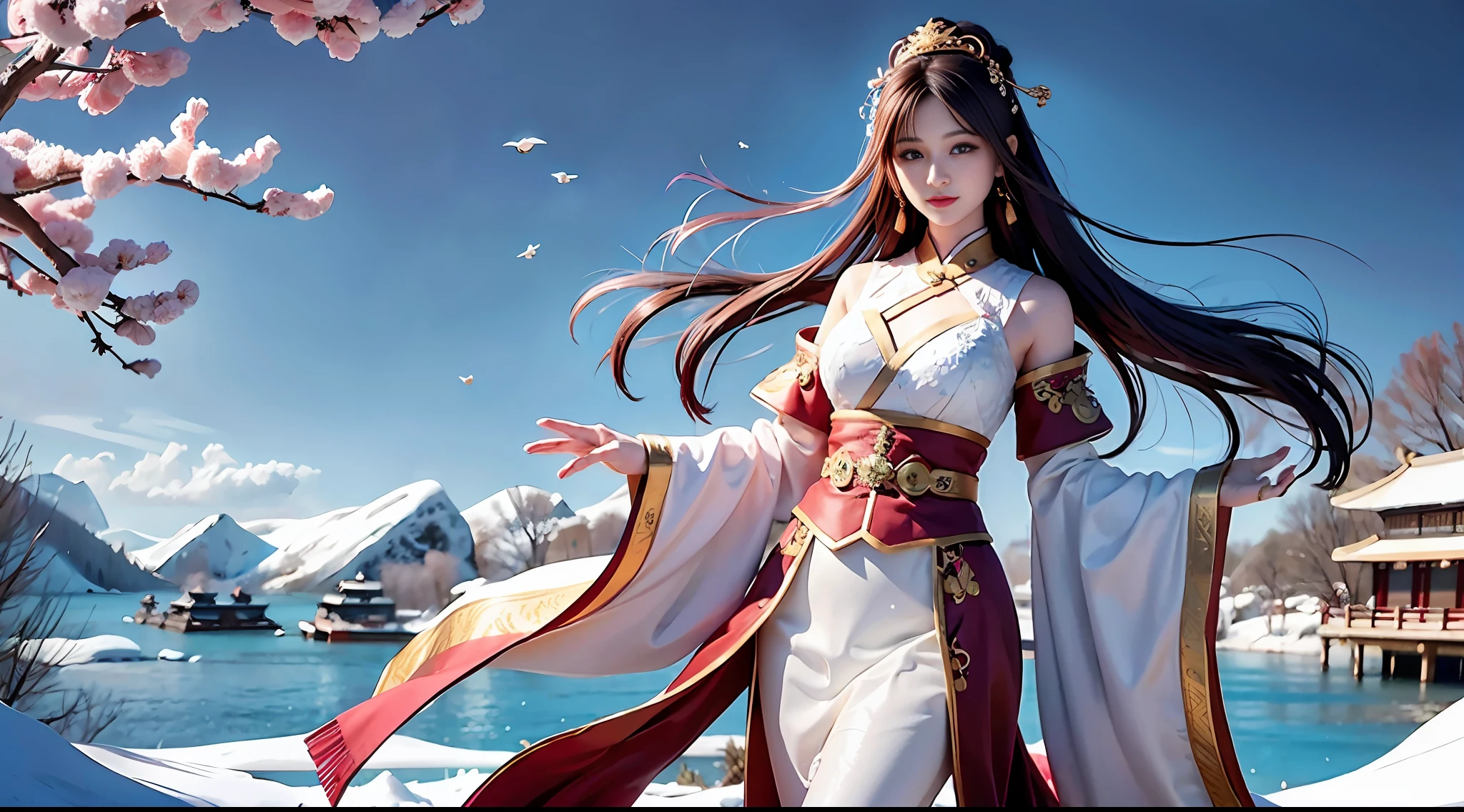 Ultra detailed, beautiful and beautiful, masterpiece, best quality, ancient Chinese style, (1 girl), (solo exhibition: 1.4), medium breasts, (long floating hair), jewelry in hair, very detailed, streamers, (floating pibo: 1.6), wind, Chinese landscape, dreamy, spectacular, (fog: 1.4), (river: 1.4)), (snow mountain), (snow: 1.4), (plum blossom: 1.4), size 2160 x 1216