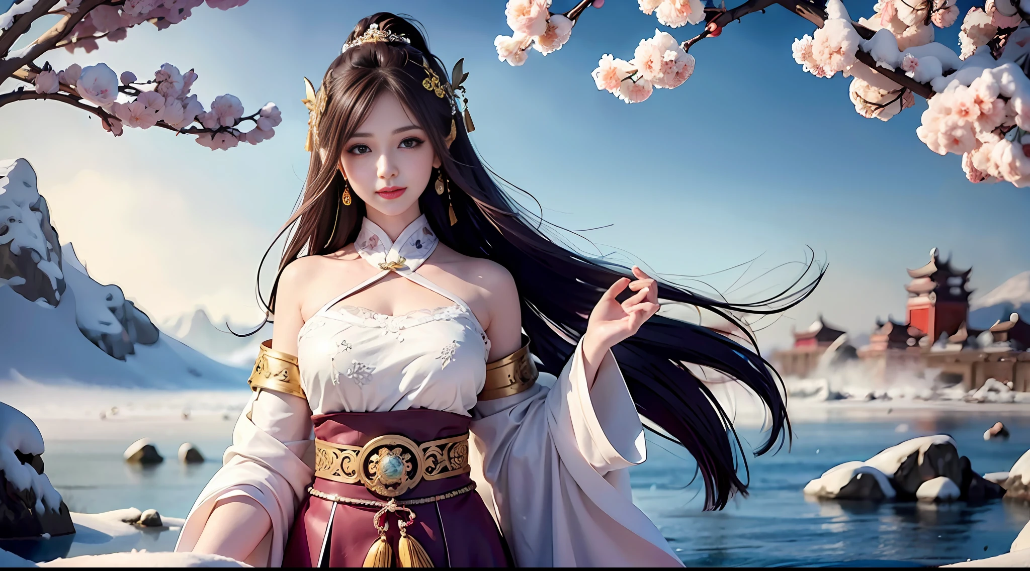 Ultra detailed, beautiful and beautiful, masterpiece, best quality, ancient Chinese style, (1 girl), (solo exhibition: 1.4), medium breasts, (long floating hair), jewelry in hair, very detailed, streamers, (floating pibo: 1.6), wind, Chinese landscape, dreamy, spectacular, (fog: 1.4), (river: 1.4)), (snow mountain), (snow: 1.4), (plum blossom: 1.4), size 2160 x 1216