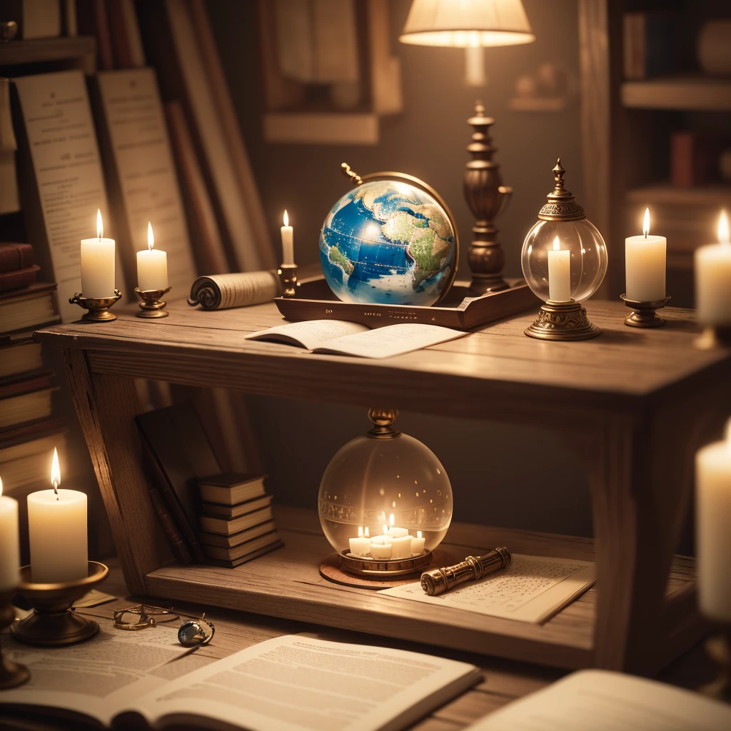 mini\(ttp\), (8k, RAW photo, best quality, masterpiece:1.2), miniature futuristic room in a glass bowl, sitting on an old wooden table, candles out of focus, books out of focus, maps out of focus, globe out of focus