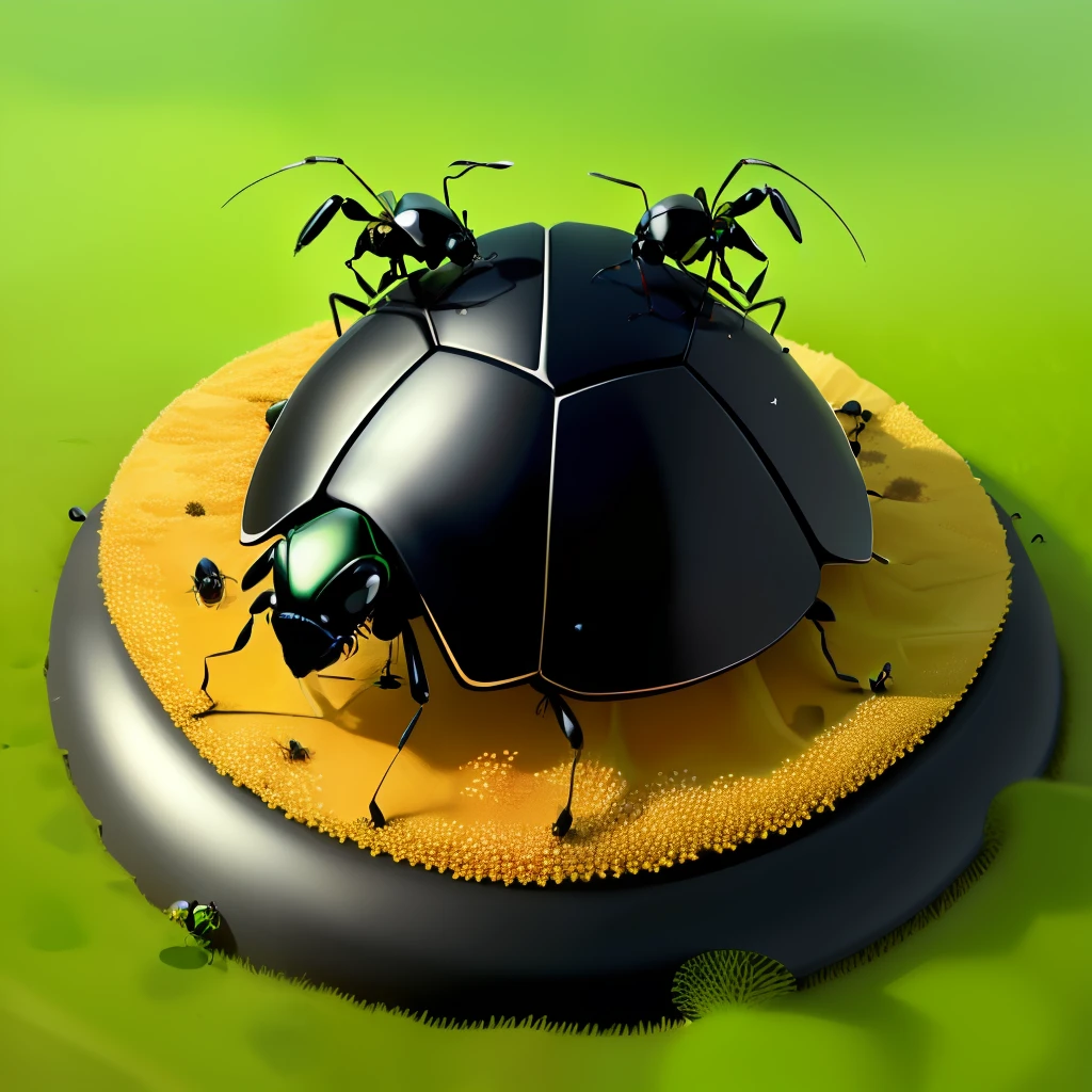 ant hill made from round big diamond with black beetle on it, flowers, leaf, on it