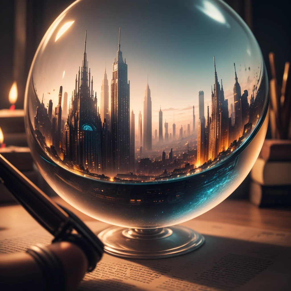 mini\(ttp\), (8k, RAW photo, best quality, masterpiece:1.2), miniature futuristic city in a glass bowl sitting on an old wooden desk, defocused candles, defocused books, defocused maps, defocused globe