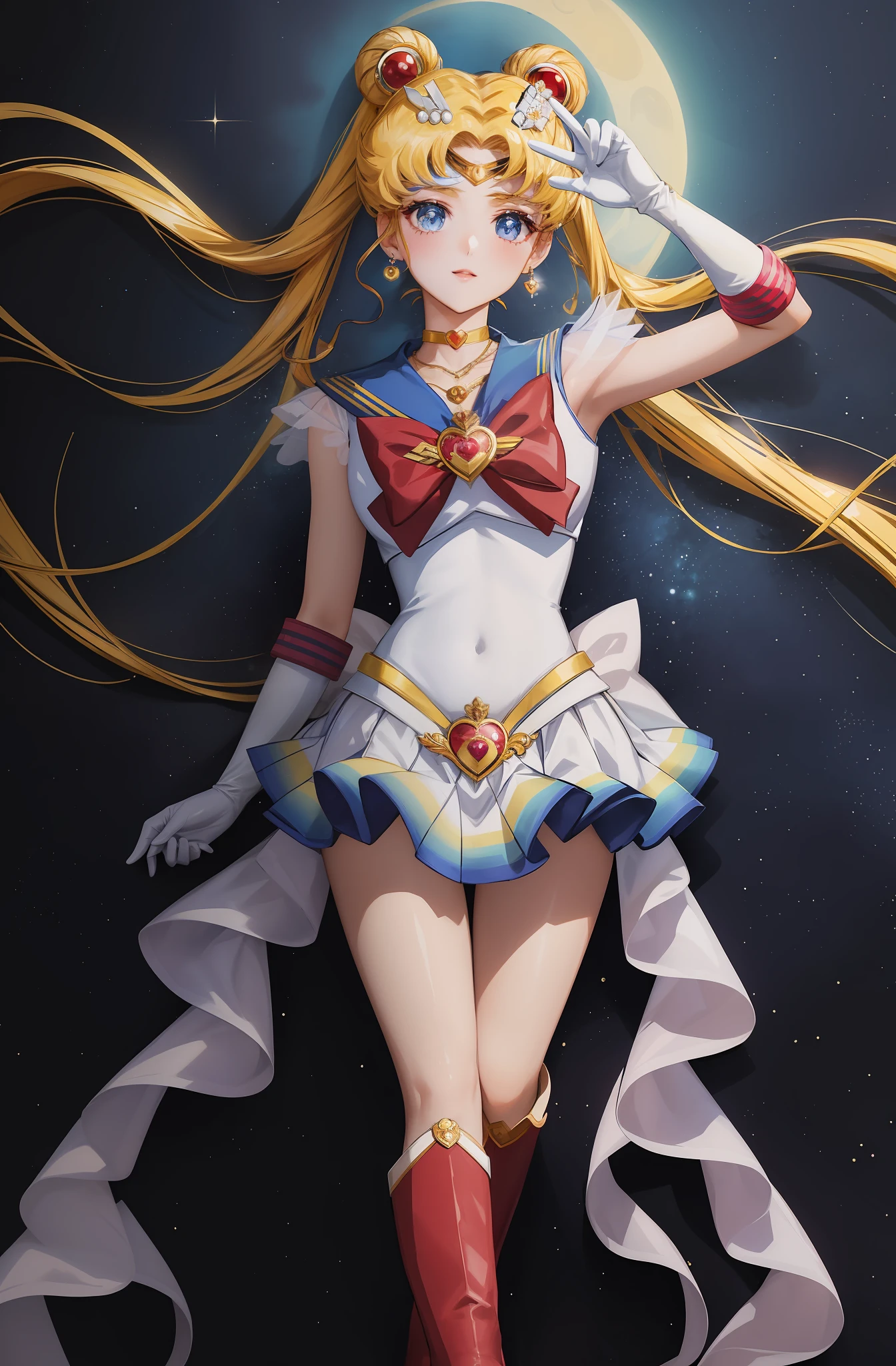 Masterpiece, best quality, (1 girl), super sailor moon, denim shot, night sky, moonlight, evening, white gloves, blue eyes, galaxy background, multicolored clothes, sailor senishi uniform, multicolored skirt, hair ornament, red bow, brooch, heart brooch, earrings, crescent, heart necklace, heart, very long hair, crescent moon earrings, tiara, yellow necklace, boots, knee boots, red shoes